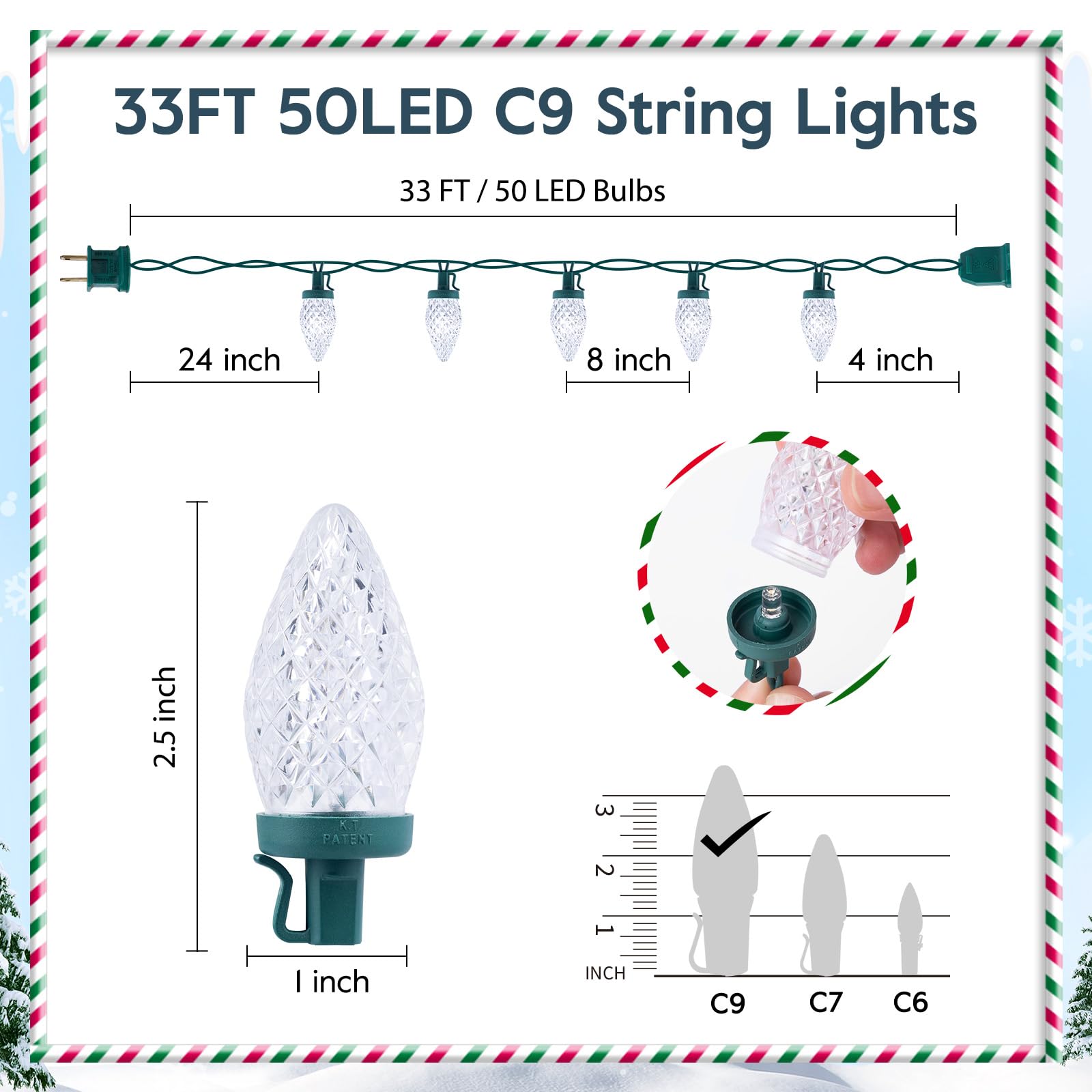 Brightown C9 LED String Lights, 33ft 50 Bulbs, Waterproof, Green Wire, Indoor/Outdoor, White