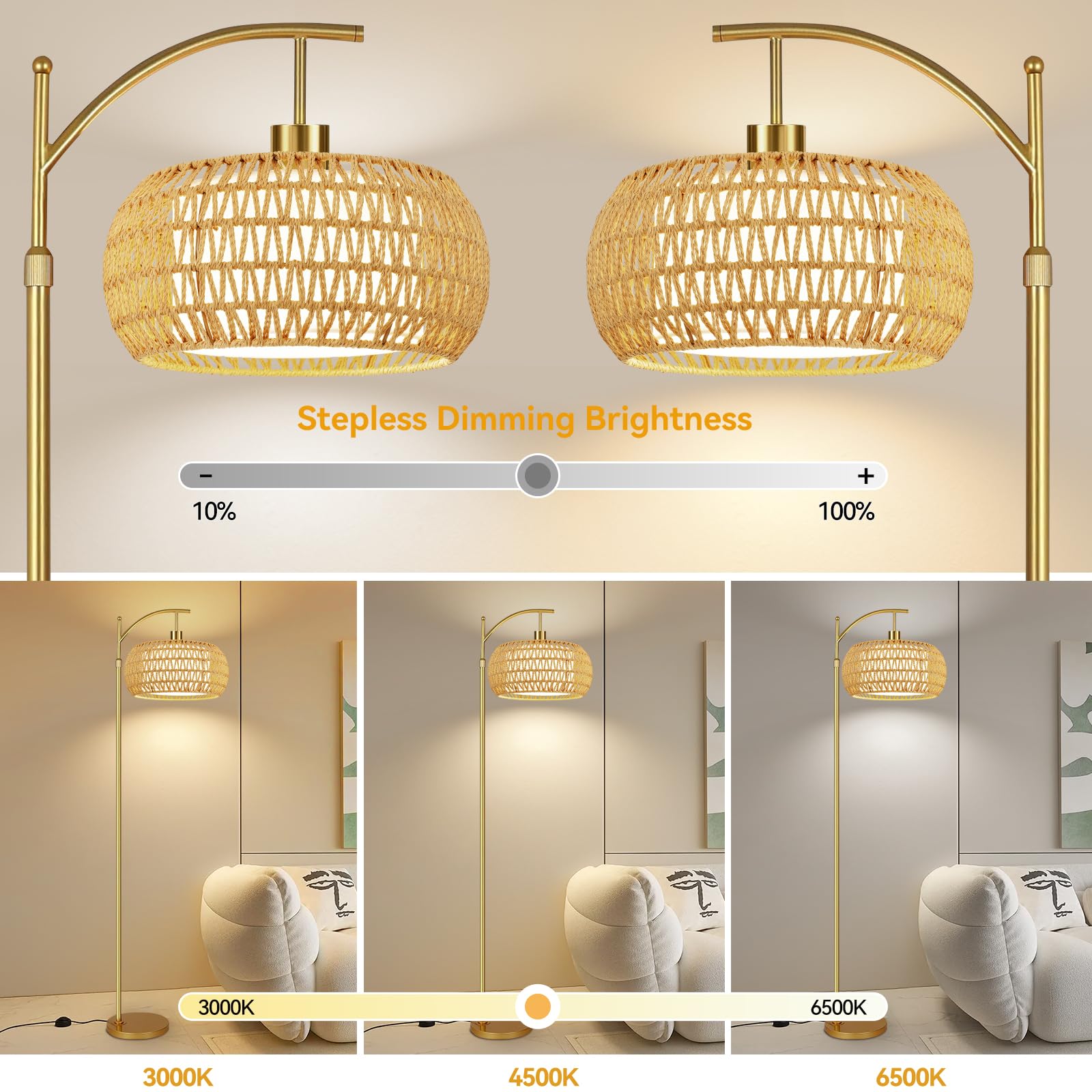 ZECOXOL Gold Rattan Floor Lamp with Remote Control, Dimmable, 12.28" Tall, Wicker Shade, Arc Design for Living Room & Bedroom