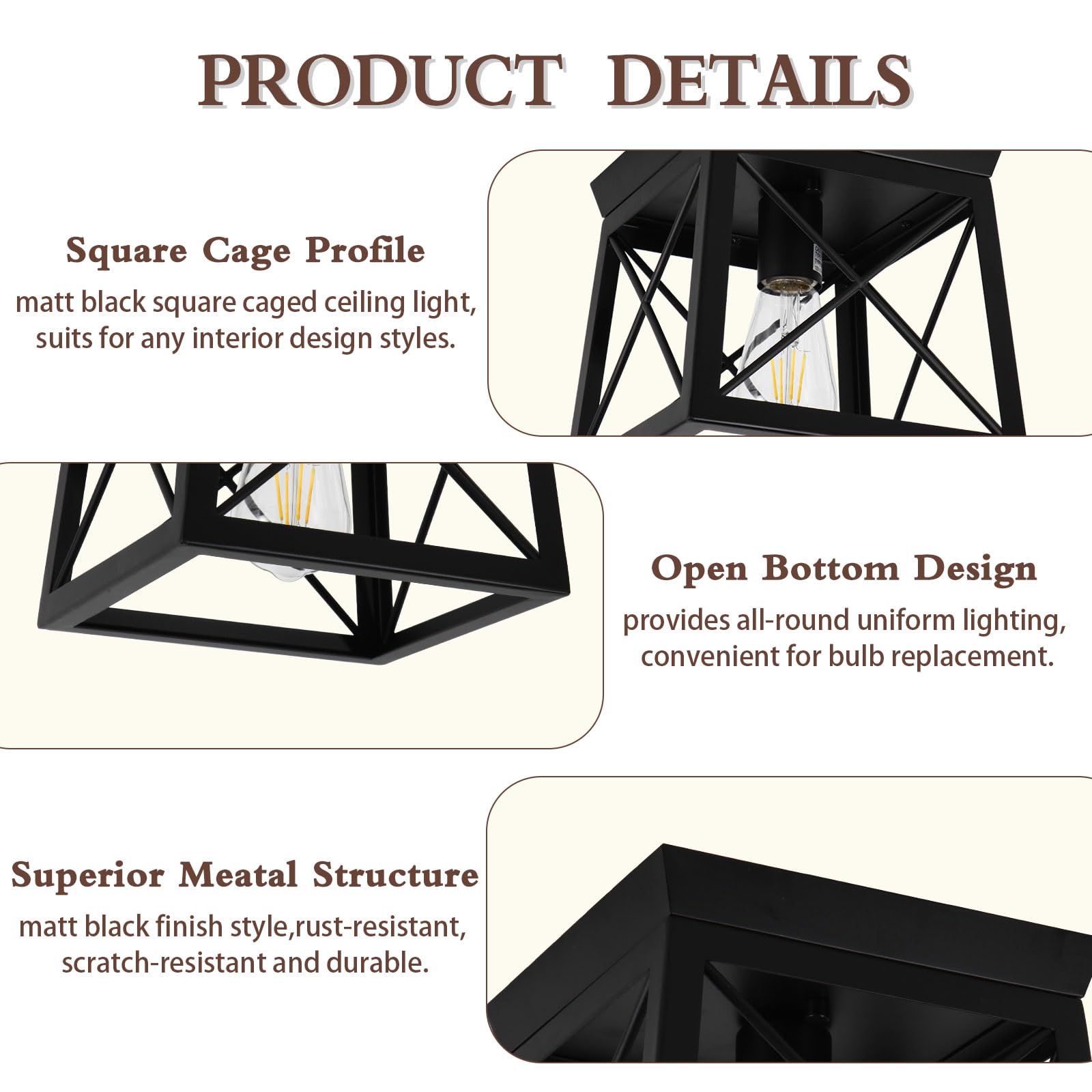 Faymart 1-Light Black Flush Mount Ceiling Light, 8&quot; Square Dimmable Fixture For Indoor/Outdoor Use