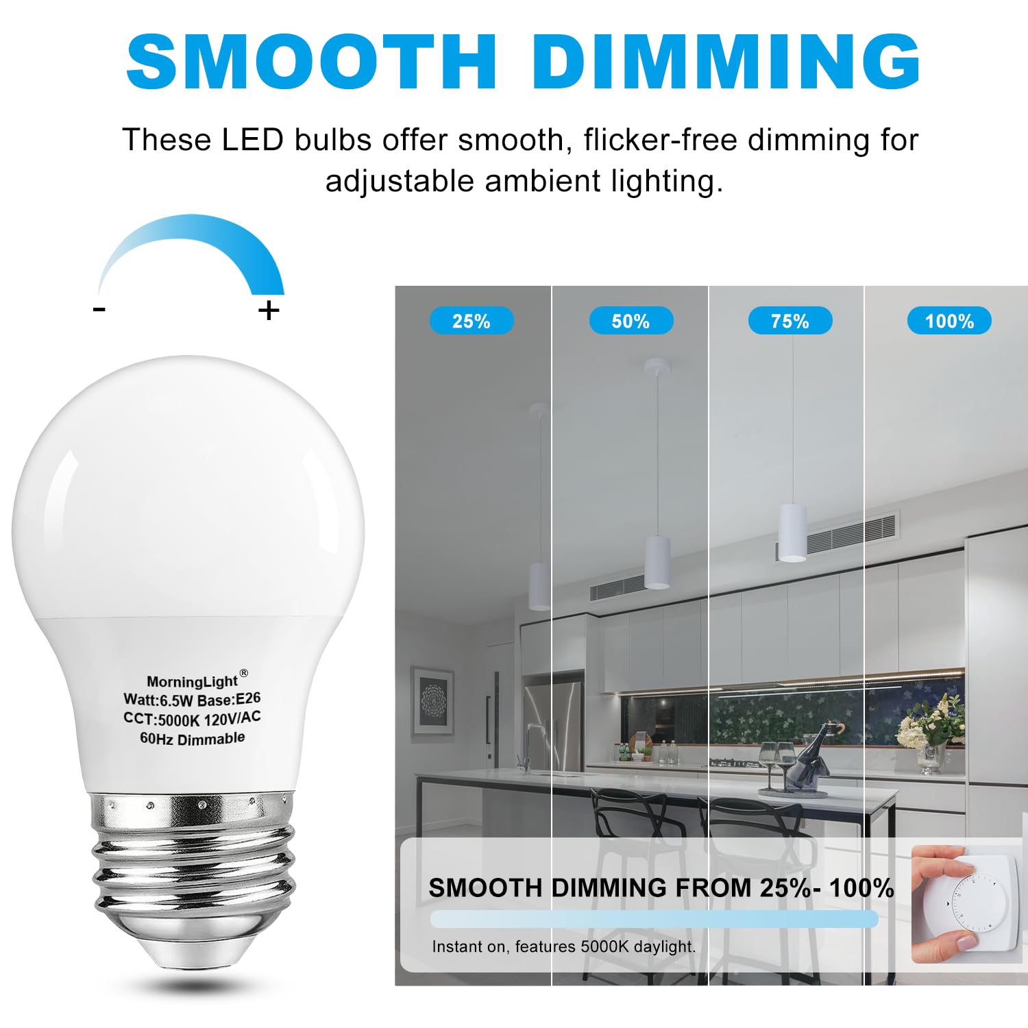 MorningLight A15 LED Light Bulbs, 6.5W Dimmable, 5000K Daylight, E26 Base, 4 Pack, Plastic