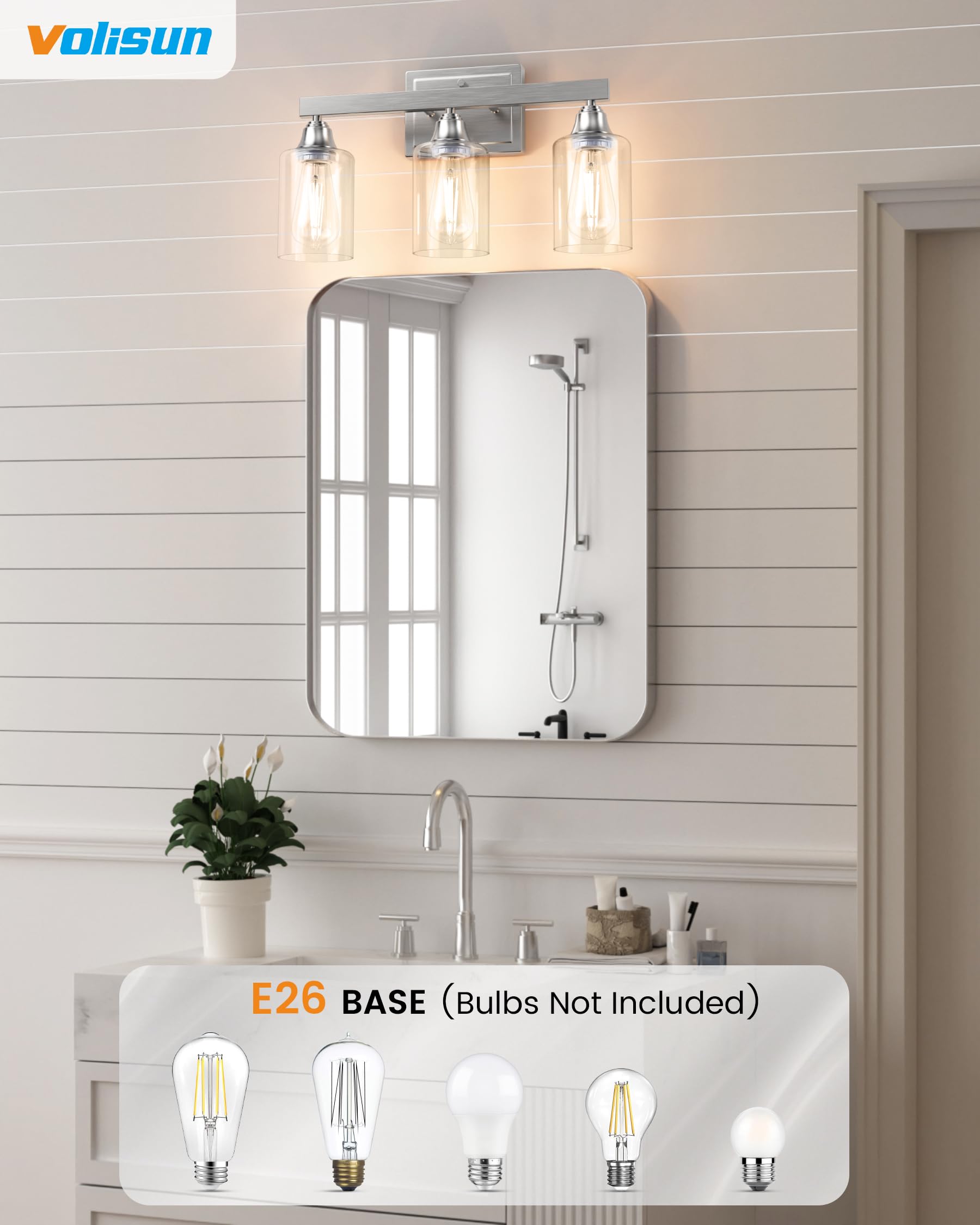 Volisun 3-Light Bathroom Light Fixtures, Brushed Nickel Bathroom Vanity Light Over Mirror, Modern Vanity Light For Bathroom, Bat