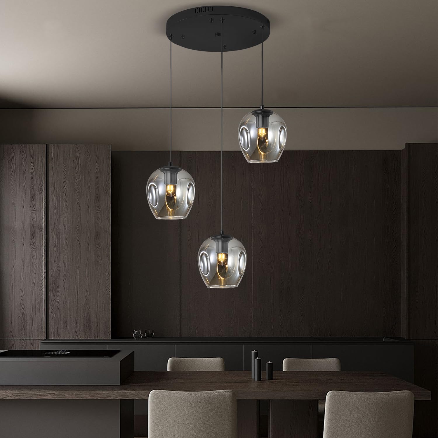 3-Light Black Chandelier With Led Bulbs & Smoke Gray Glass Shade Ceiling Light Pendant Light For Kitchen Island, Dining Room, Li