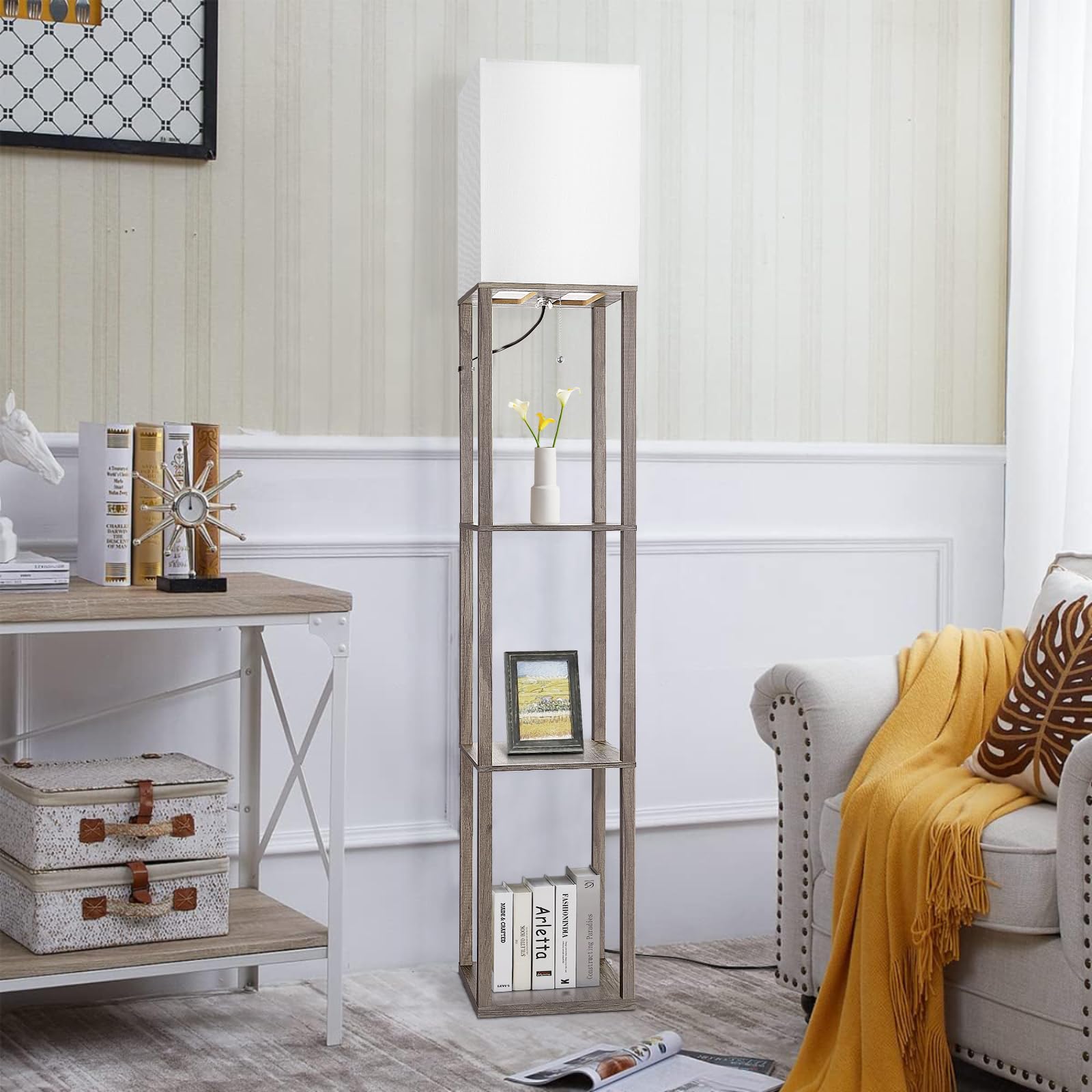 Floor Lamp With Shelves,Wood Corner Floor Lamps For Living Room Tables With 3 Cct Led Bulb,Modern Display Bookshelf Nightstand L