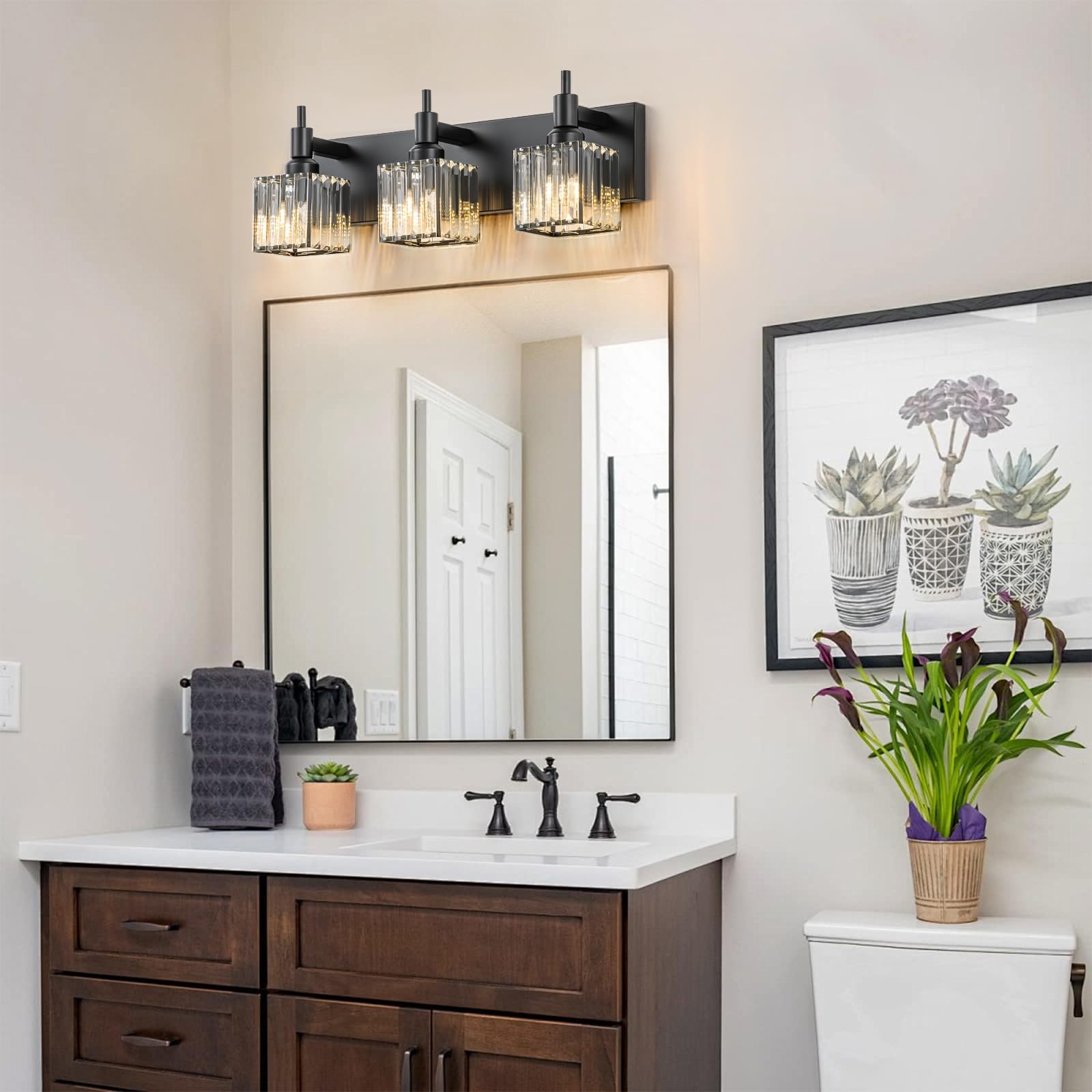 HUOKU Black Crystal 3-Light Bathroom Vanity Light Fixture Over Mirror, Metal with Square Shade