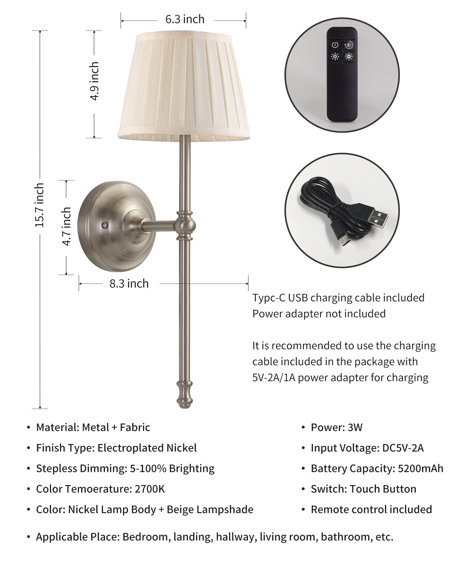 KDG Cordless Wall Sconces Set of 2, Rechargeable LED Lamps, Nickel + Beige, Model AMZ-TBL-034