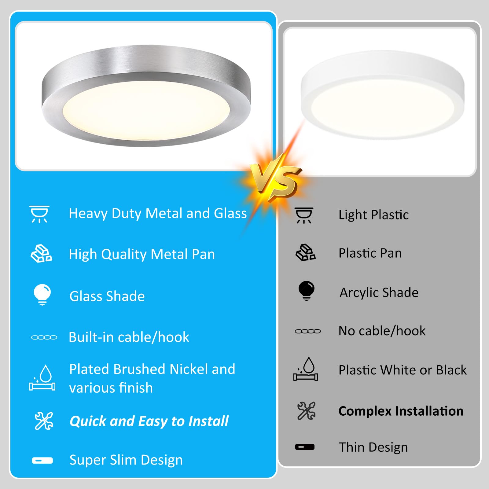 Caisens 10 Inch Flush Mount Ceiling Light, Metal & Glass, Dimmable, Brushed Nickel, 17W, 3000K, 2 Pack, Model CS013
