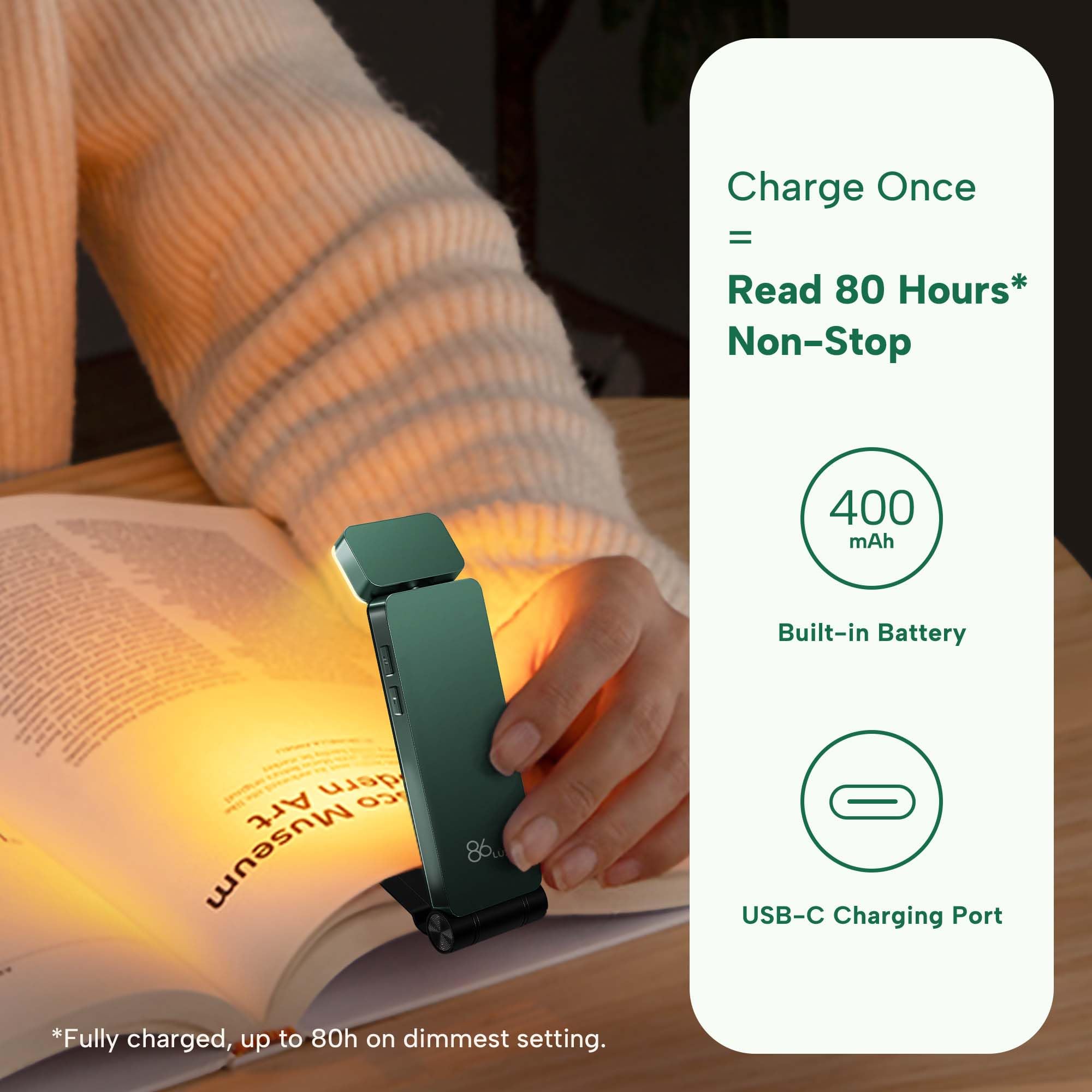 86Lux Book Light, Rechargeable Reading Lights For Books In Bed, Ultralight Clip-On Led Bookmark Lamp With 3 Amber Colors & Stepless Dimming For Night Reading For Book Lovers, Kids,Hunter Green