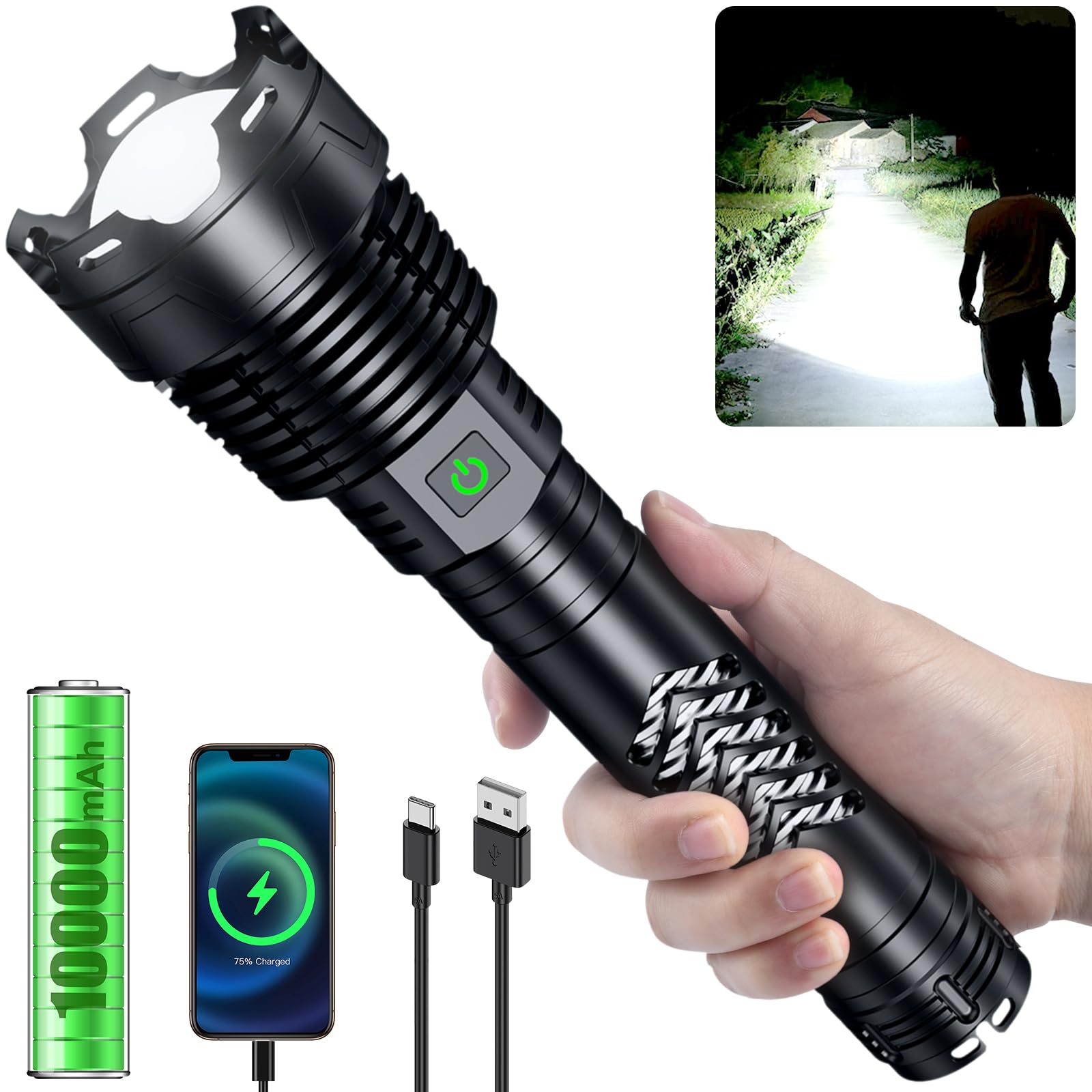Grentay Rechargeable LED Flashlights 3600000 High Lumens, Super Bright Flashlight with Input and Output Functions,Tactical Flash