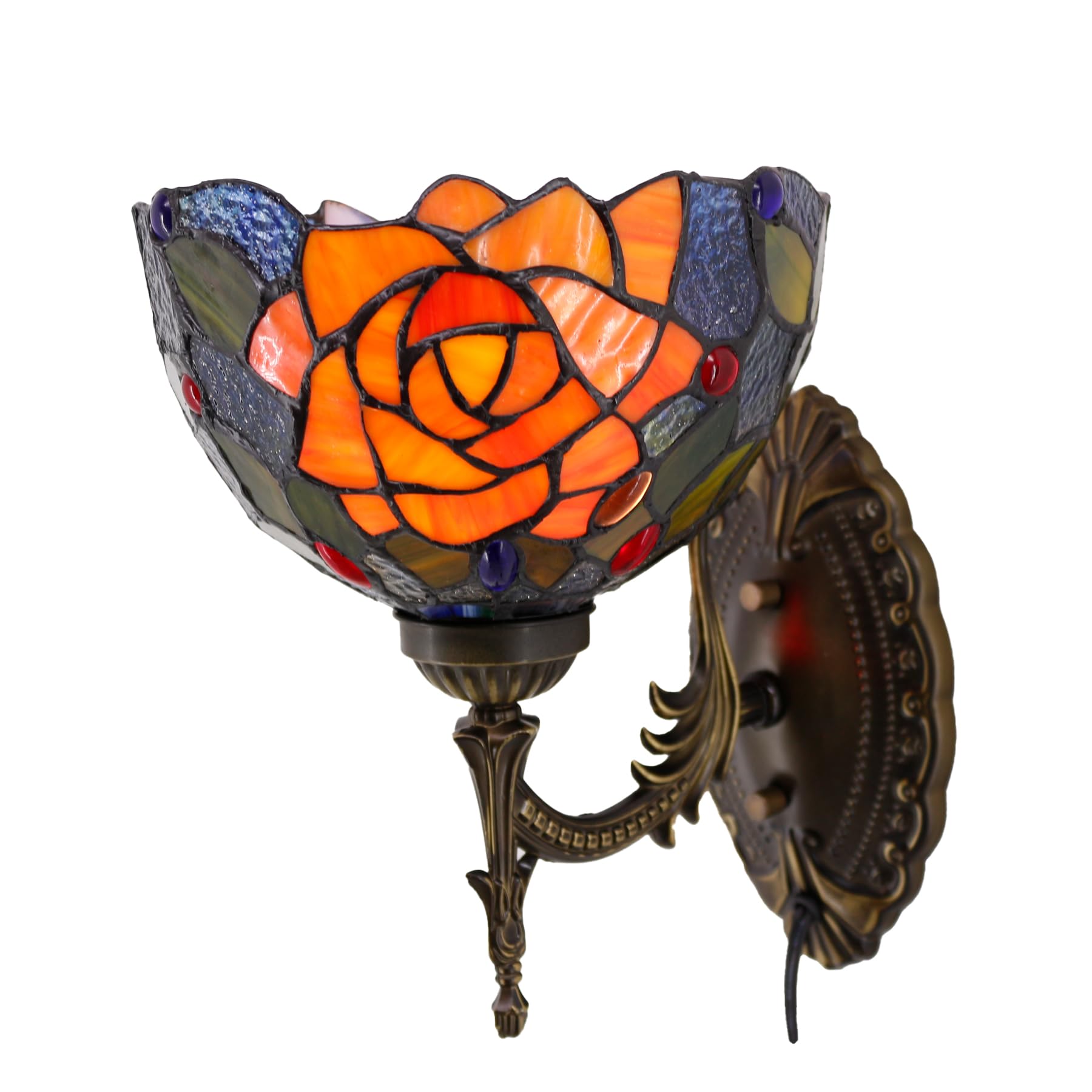 AVIVADIRECT Tiffany Wall Sconce Lamp, 8in Red Rose Stained Glass, Antique Bronze Base, 6ft Cord, Model W04, Middle Size