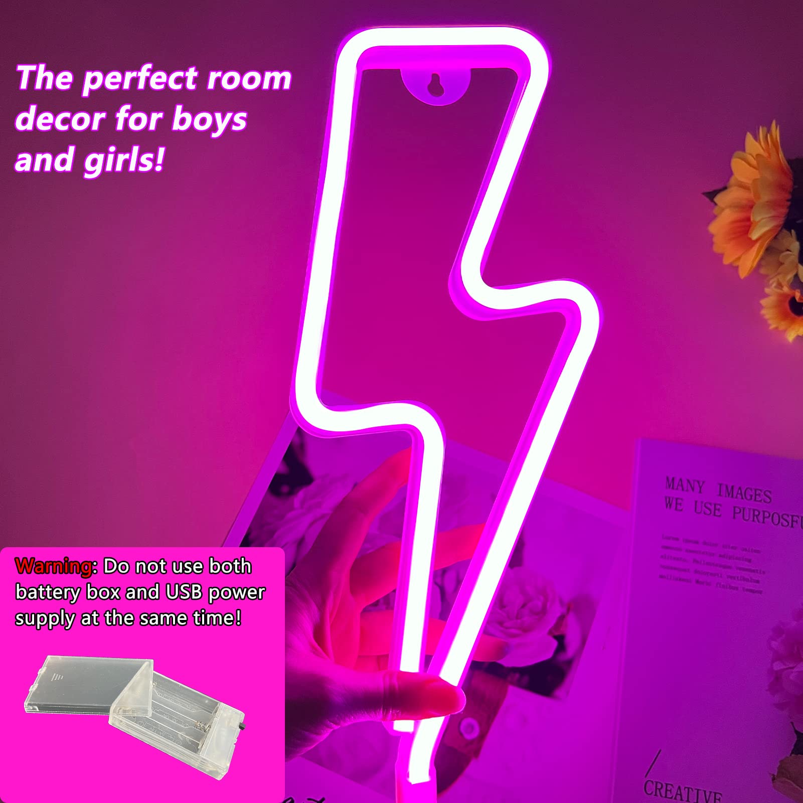 BerniceKelly Neon Lightning Bolt Sign, Pink, USB/Battery Powered, Wall Decor, Model 666LXX-NHD2202171