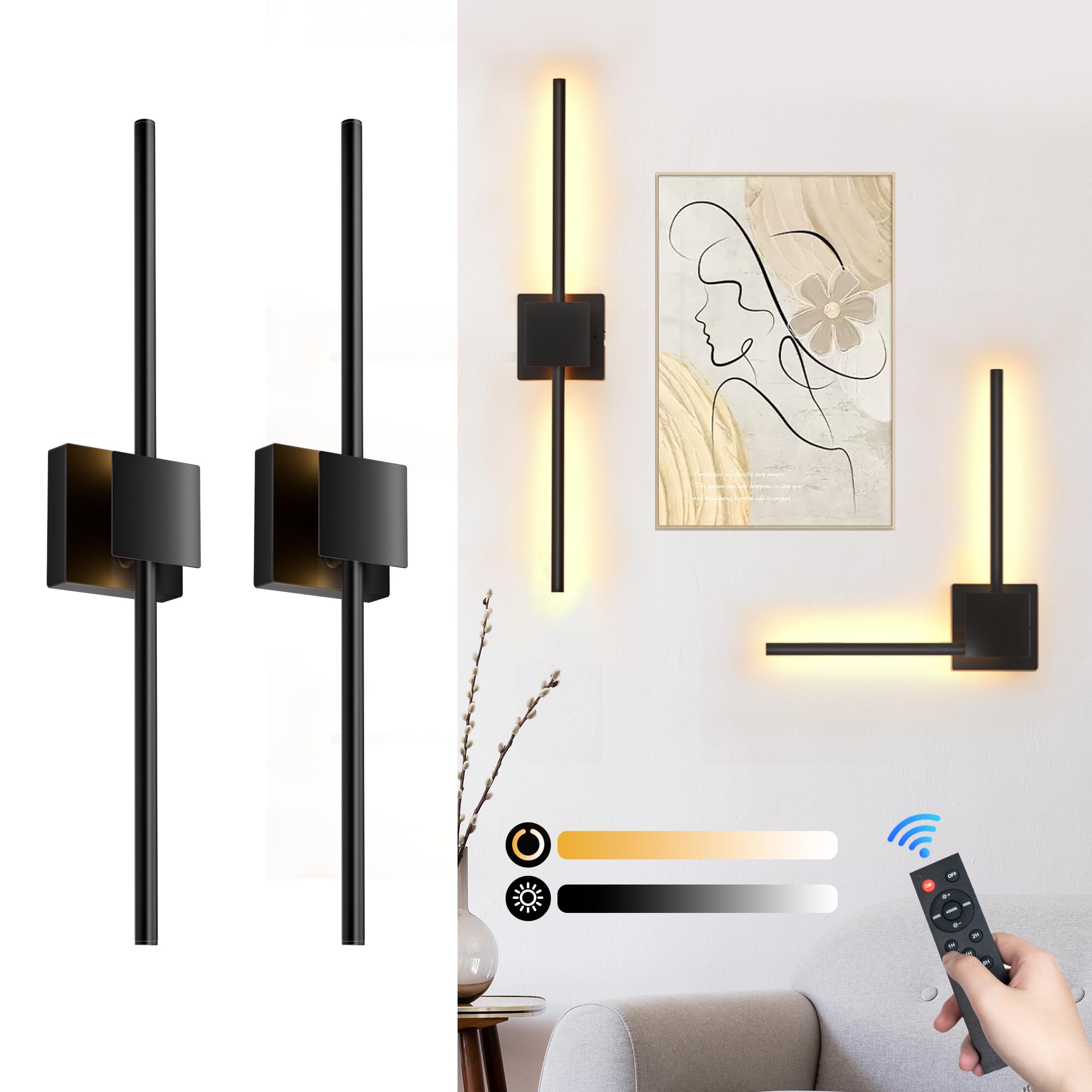Battery Operated Wall Sconces Set of 2, ???????????????? 12000mAh Rotatable Picture Lights with Remote Control, Dimmable 3000-65