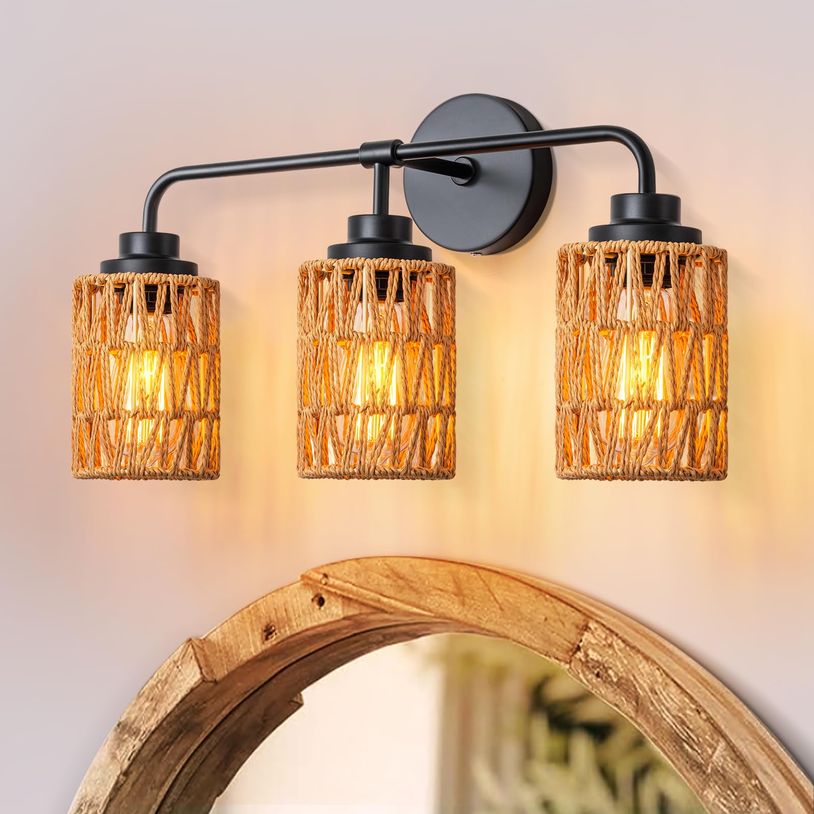 3-Light Bathroom Light Fixtures Vanity Lights Over Mirror, Rustic Farmhouse Rattan Wall Sconce with Boho Hand Woven Wall Lamp Na