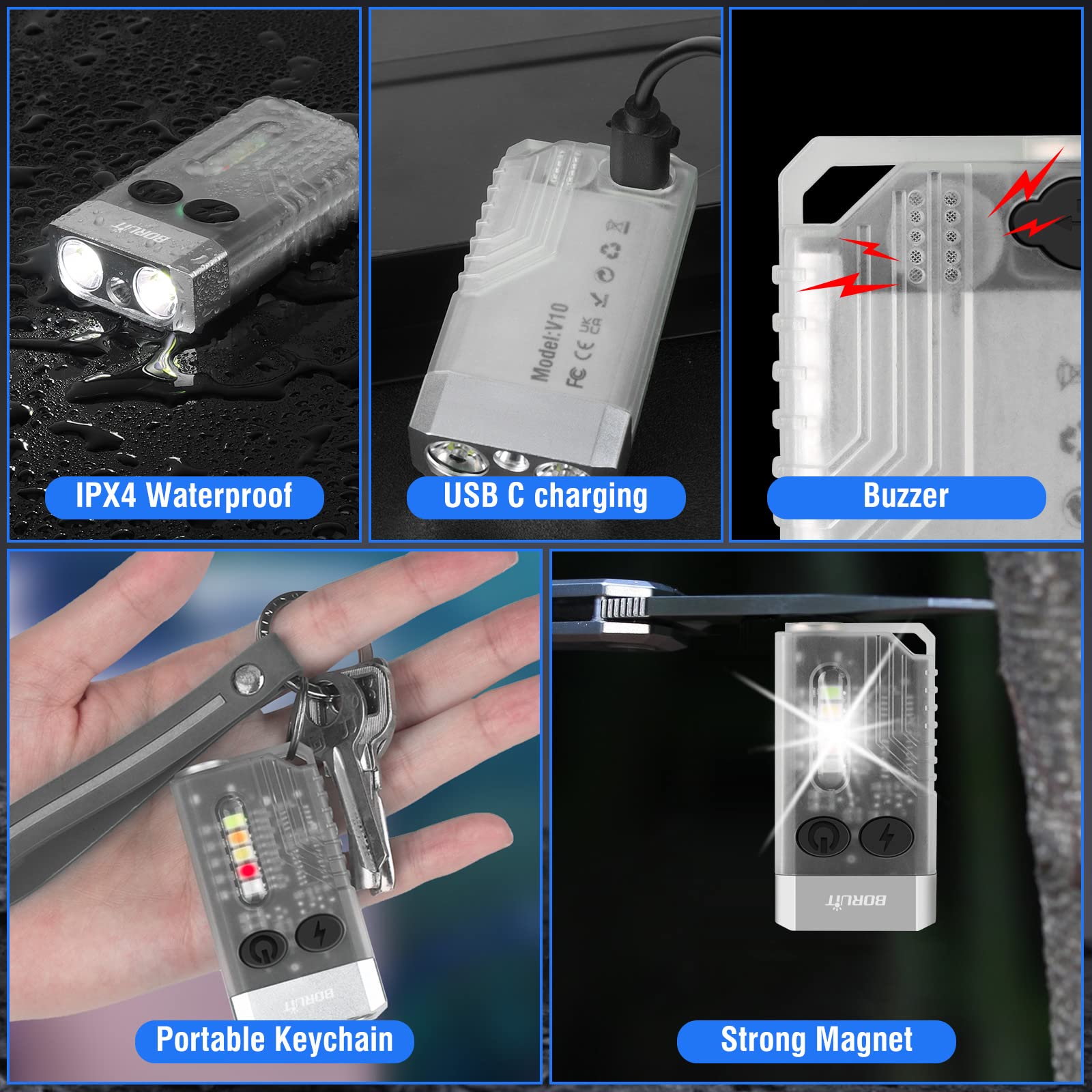 BORUIT V10 LED Flashlight - 1000LM USB C Rechargeable, 365nm UV Black Light, Compact Keychain, White Aluminum