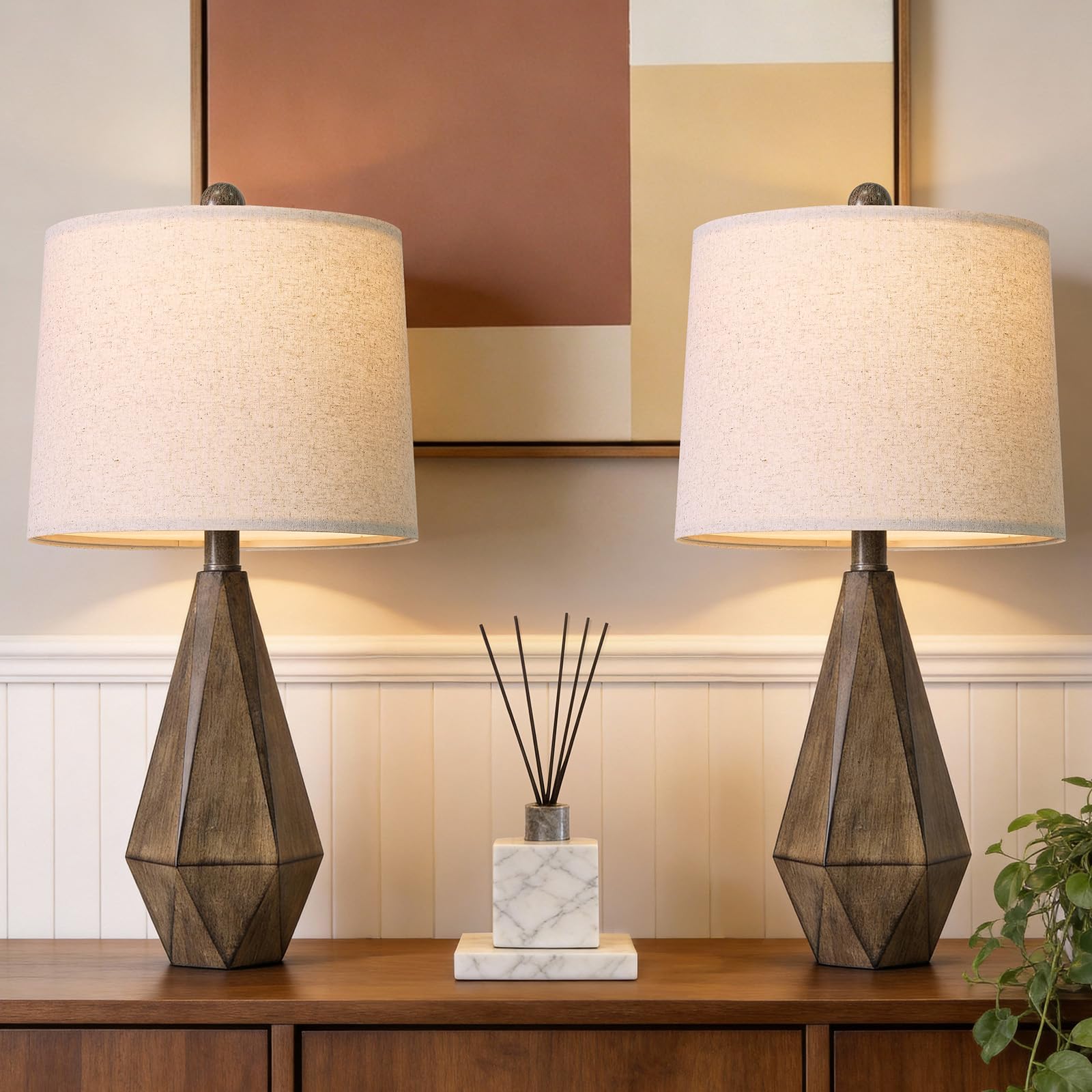 PoKat 23.5 Table Lamps Set of 2 for Bedroom  Farmhouse Nightstand Lamps for Living Room  Rustic Bedside Lamps with Linen Lampshade for Side Table Office Hallway Entryway Dark Wood-Like (Brown)