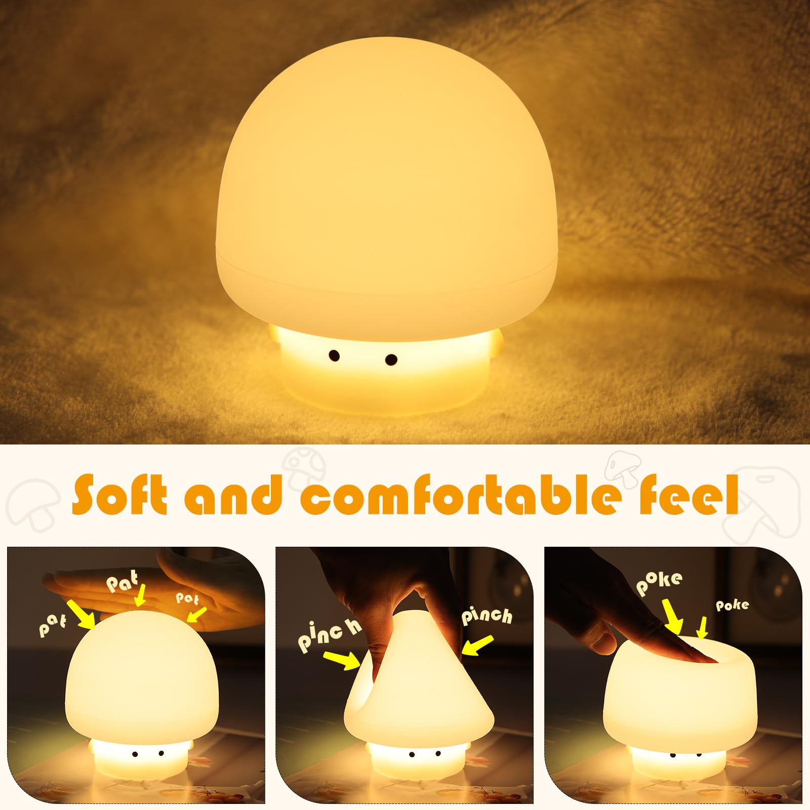 YISUN Mushroom Night Light, Rechargeable LED Silicone Lamp, 3 Level Dimmable, Cute Design for Kids Room, Mushroom White, Model A021