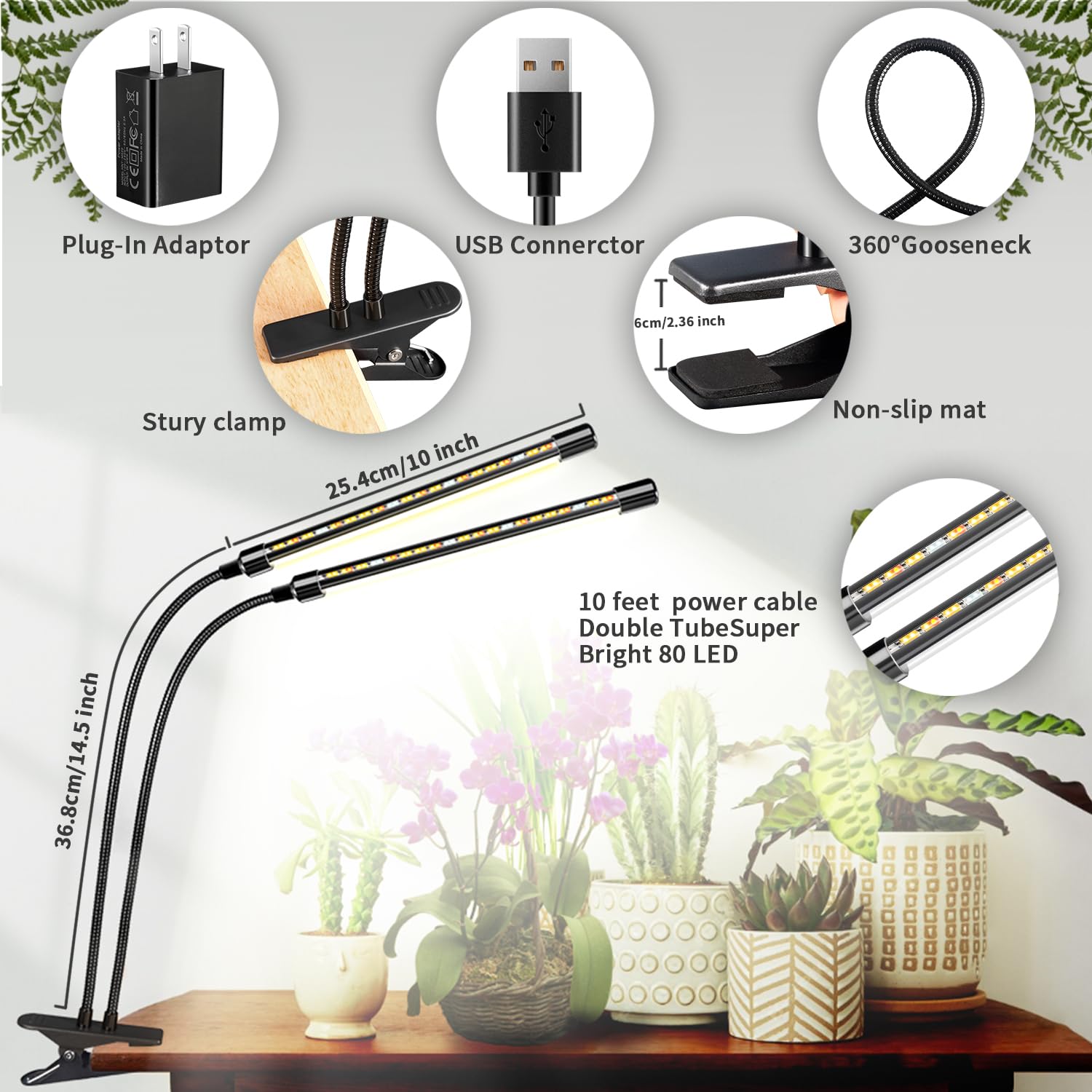 Full Spectrum 4 Heads Plant Grow Lights For Indoor Plants With 10 Feet Cables,10 Dimmable Levels And 3/9/12H Timer(Adapter Included)