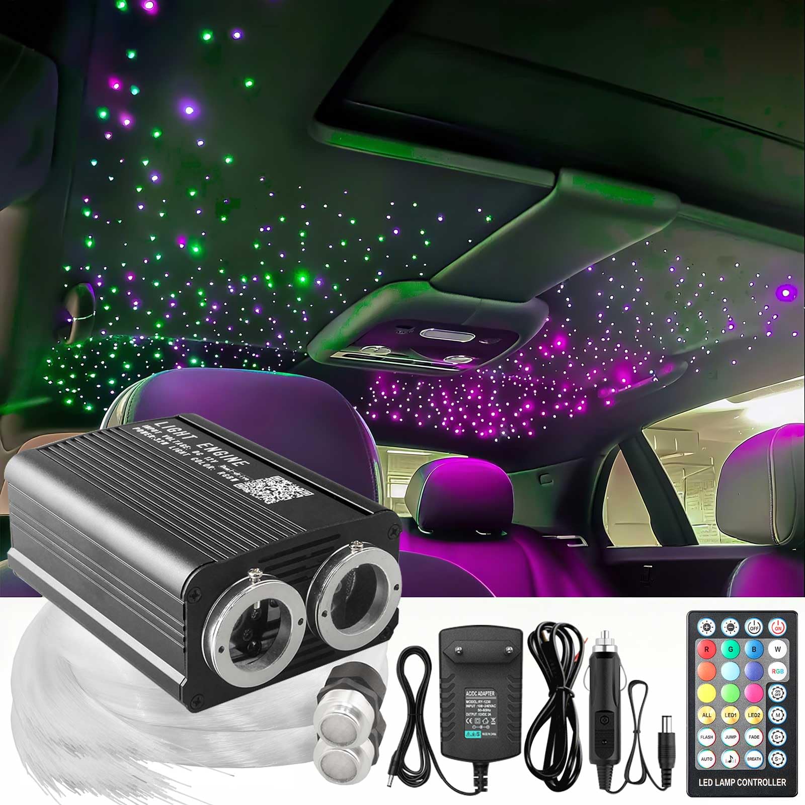 XAEIOW 32W Twinkle Starlight Headliner Light Kit, 1100pcs, 13.1ft, Dual Port Dual Color LED, Acrylic, Multicolor