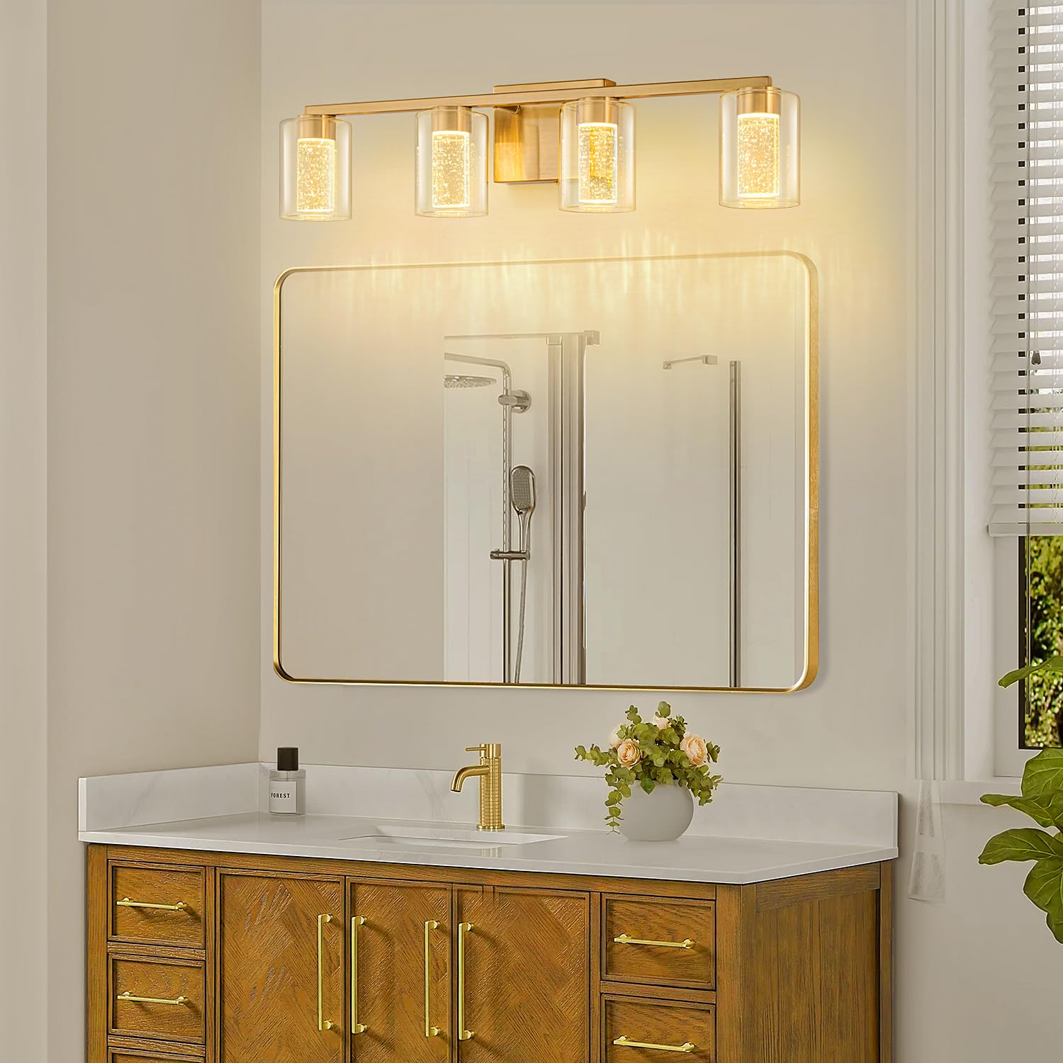 SineRise 4-Light Gold Vanity Light - Dimmable LED Fixture with 3 Color Modes, Eye Protection, Clear Glass Shade