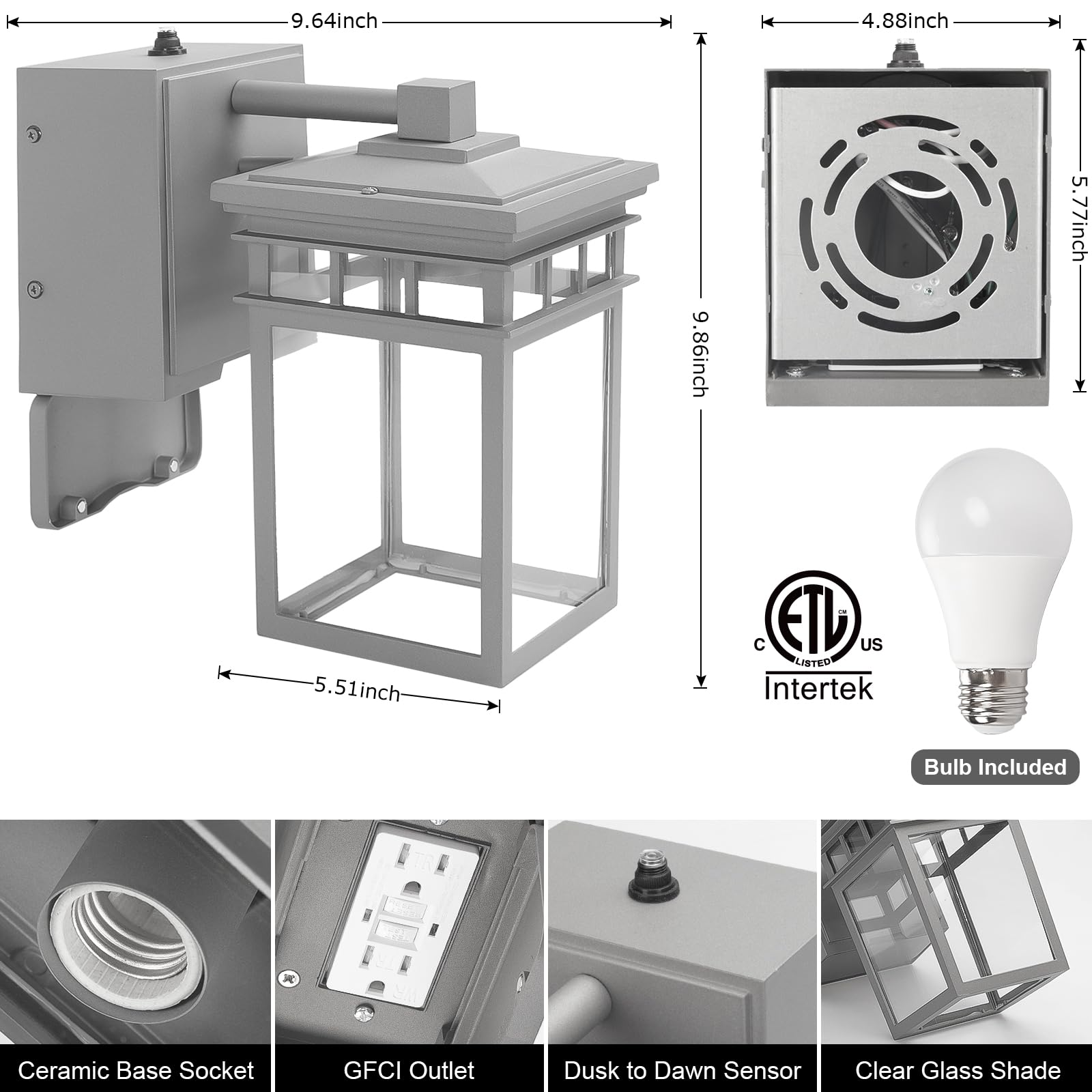 FANDBO Outdoor Porch Light with GFCI Outlet, Dusk to Dawn, Clear Glass Shade, Waterproof Wall Sconce, Gray, Model HS405