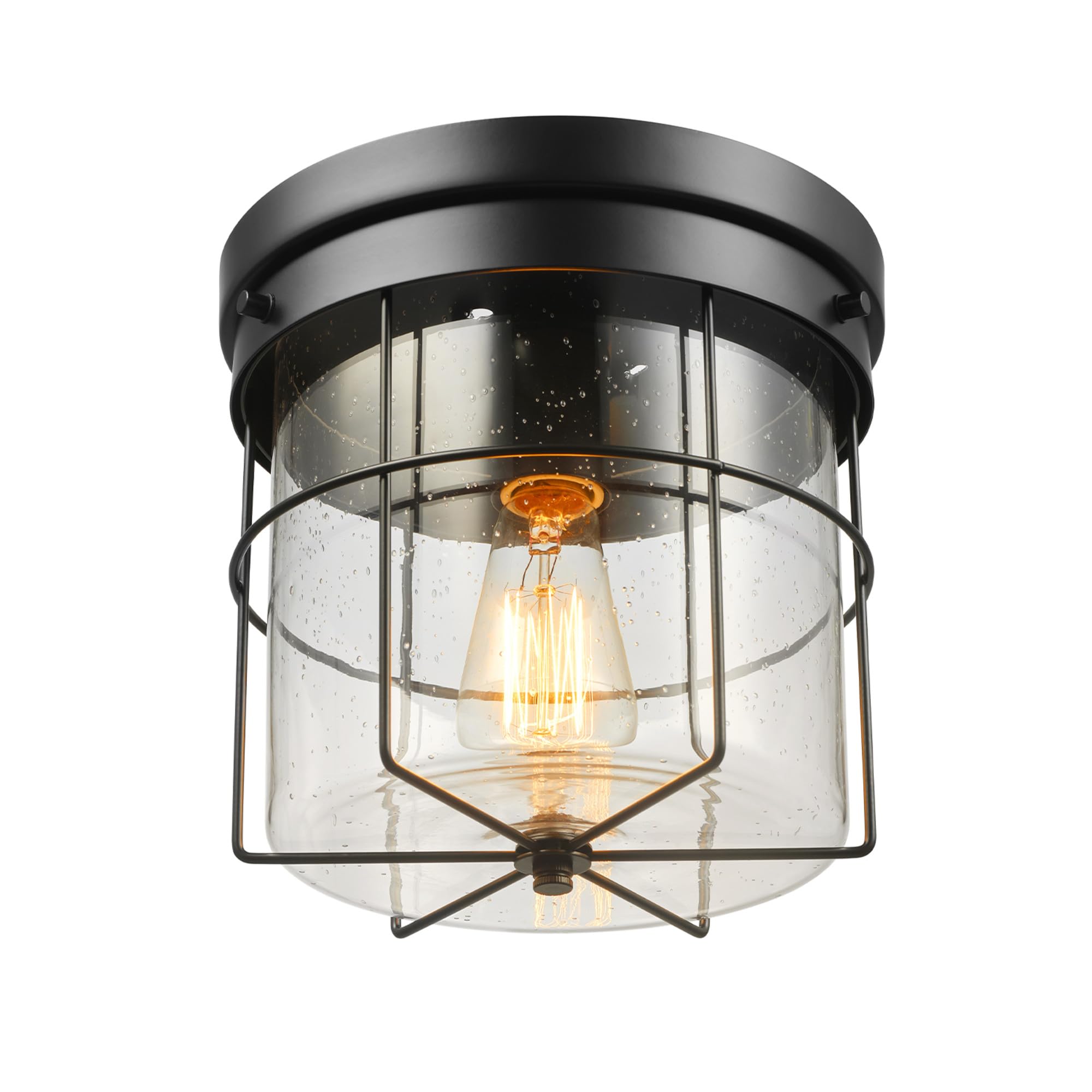 GLOBE Electric 60000162 1-Light Outdoor Flush Mount, Matte Black, Seeded Glass Shade, Thin Frame