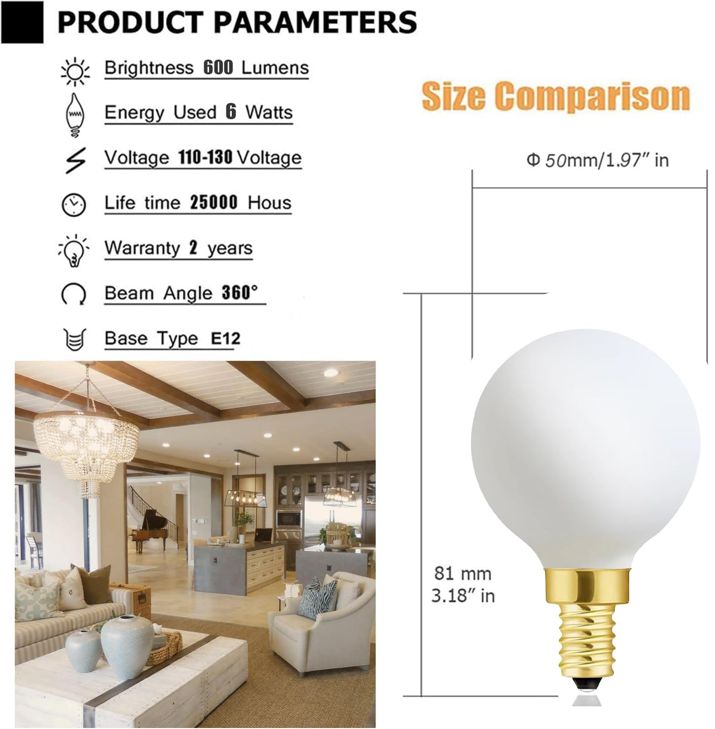 Xininsun Frosted G16.5 Globe Light Bulb,E12 Round Candelabra Bulb 60 Watt,6W Chandelier Light Bulbs,Milky White Candelabra Led B