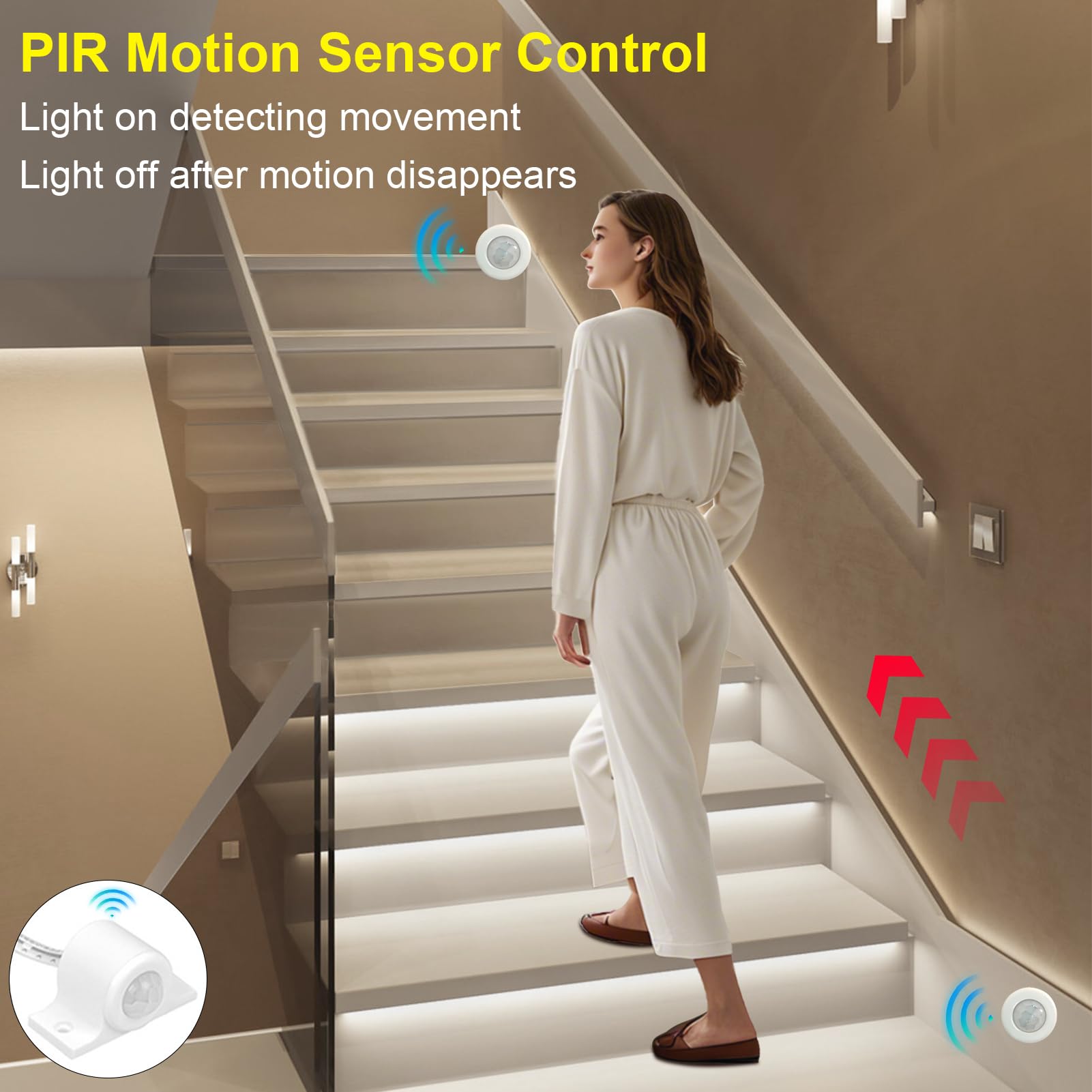 MALIIGAZA Intelligent Motion Sensor LED Stair Light Kit, 47.2in Cuttable LED Strip, Daylight Sensor, Model STEP-09-16S-CW, 6000K
