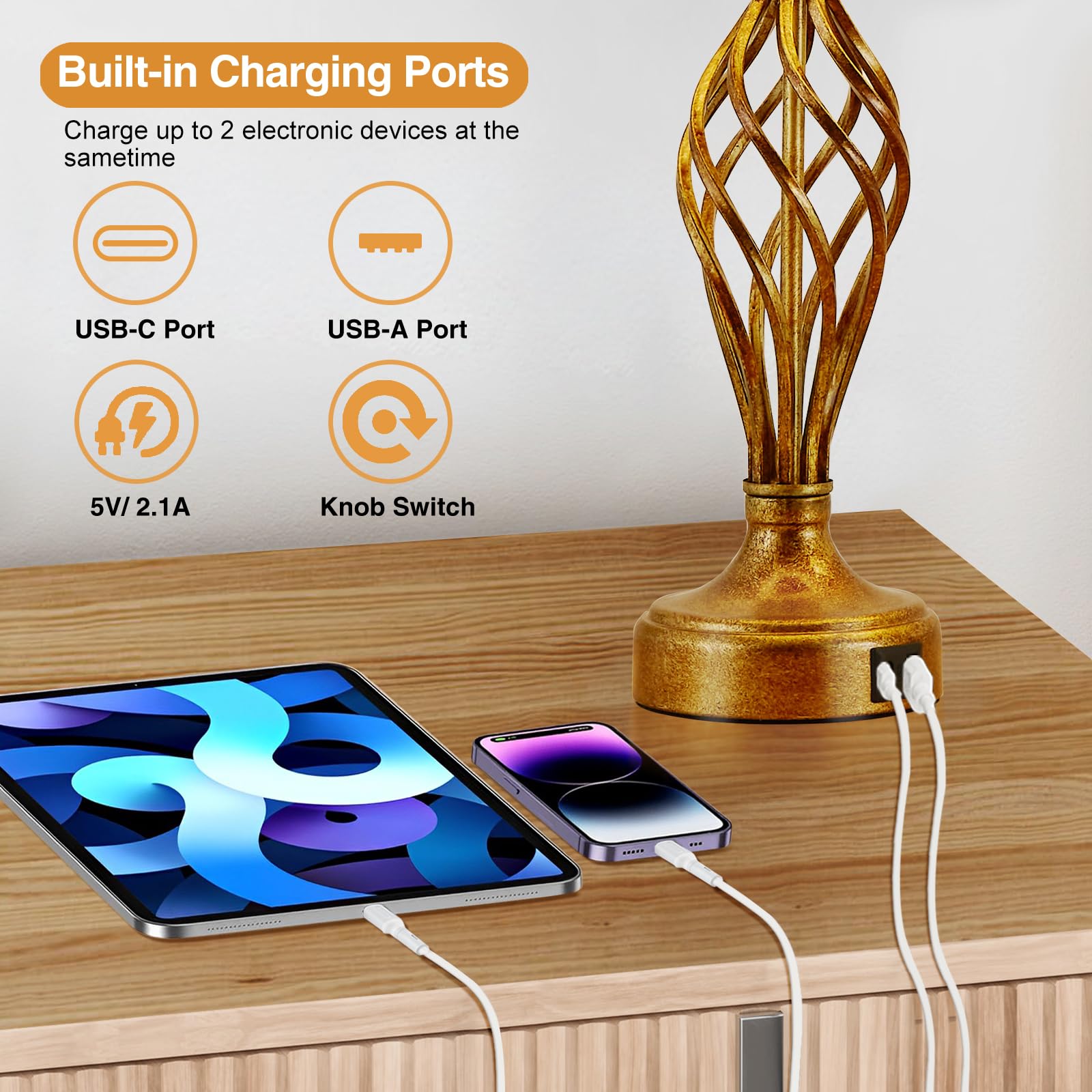 Nightstand Table Lamps For Bedrooms Set Of 2 With Usb C+A, Bedside Lamps With Spiral Cage Base, Tall Living Room Lamps For End T