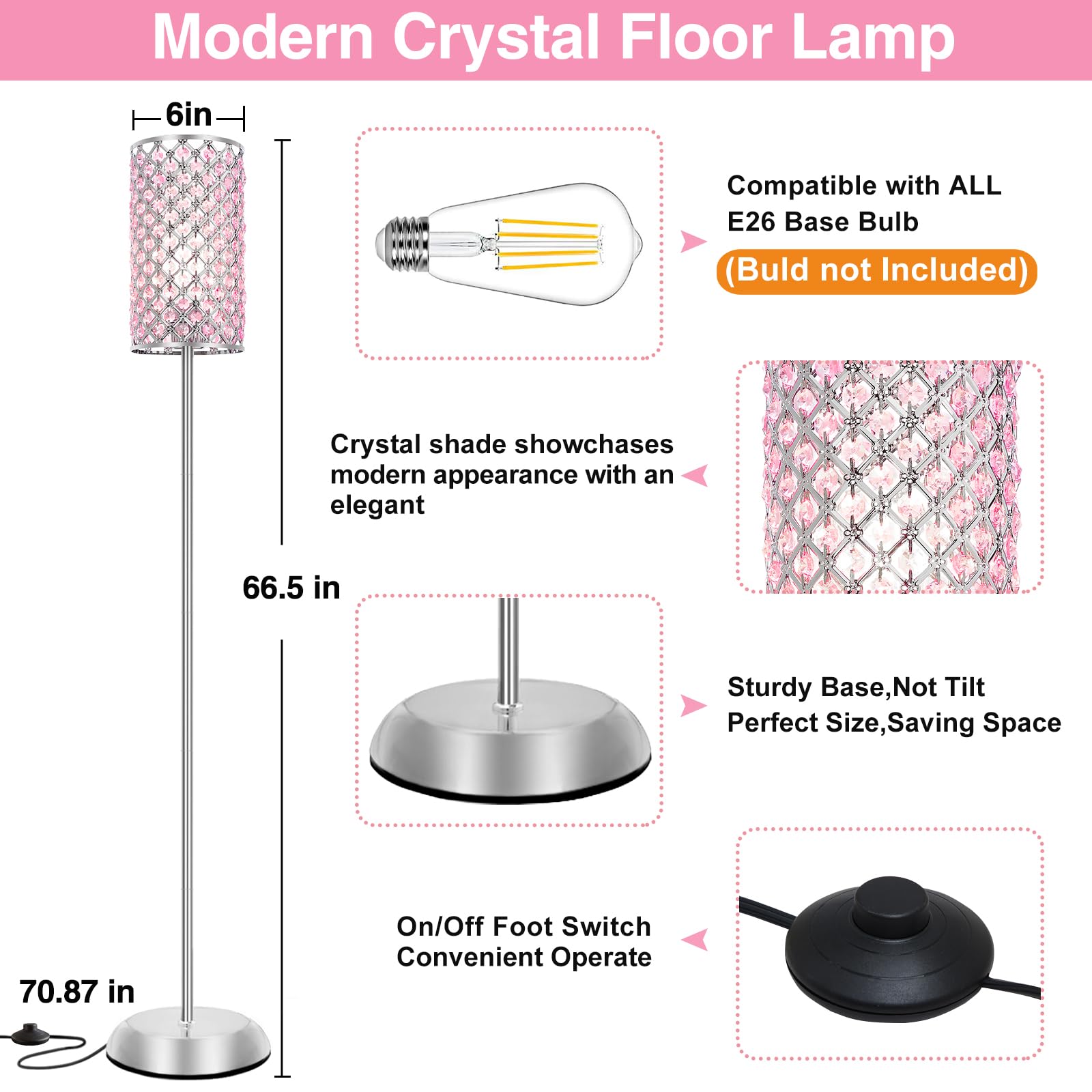 GyroVu Crystal Floor Lamp - Pink Modern Tall Lamp with Foot Switch for Bedroom, Living Room, Office, Dorm