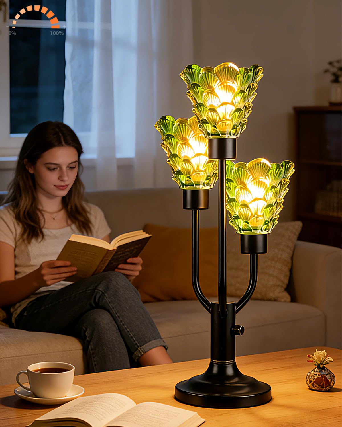 Lightdot Modern Glass Table Lamp for Living Room 3-Light Mid Century Desk Lamp with Green Glass Shade& Bulb Included 3000K Warmwhite Nightstand Lamp for Bedroom Bedside End Table-Black