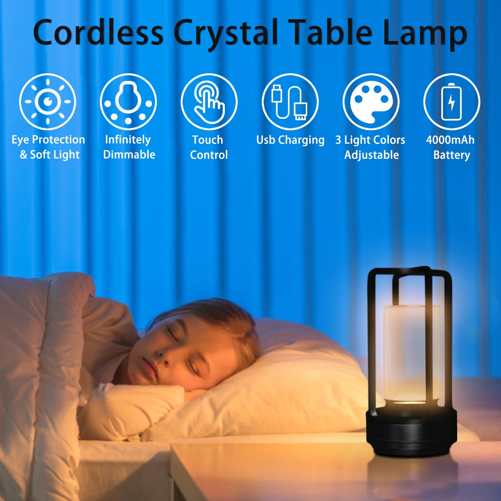 Meinv Cordless Rechargeable Table Lamps, Portable Lumisom Crystal Small Lantern Lamp With Touch Control & 3 Color Dimmable, 4000