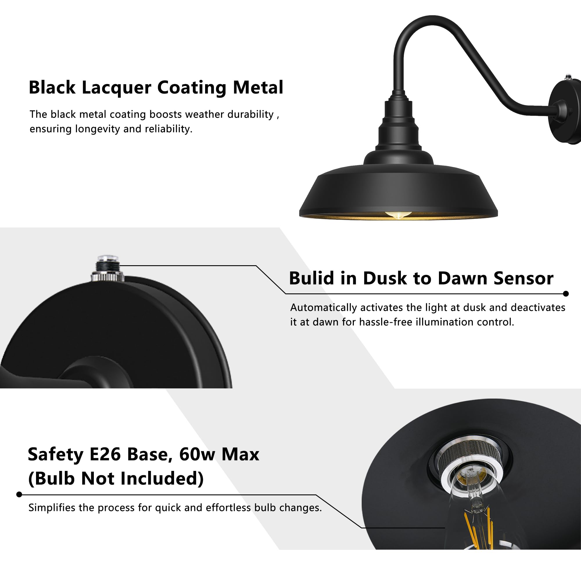 Franing Gooseneck Barn Light - 21 Inch Waterproof Black Wall Light with Dusk to Dawn Sensor for Farmhouse, Porch, and Patio