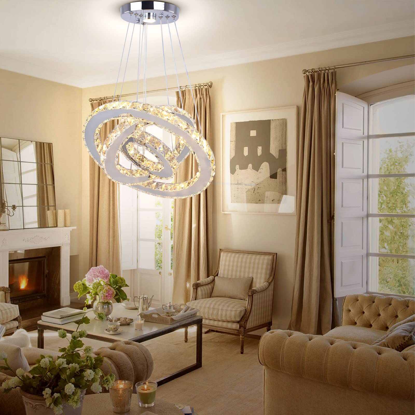 Diisunbihuo Led Chandeliers 3 Rings Modern Crystal Pendant Light, Adjustable, Multicolor Silver, Ideal For Bedroom, Living & Dining Room