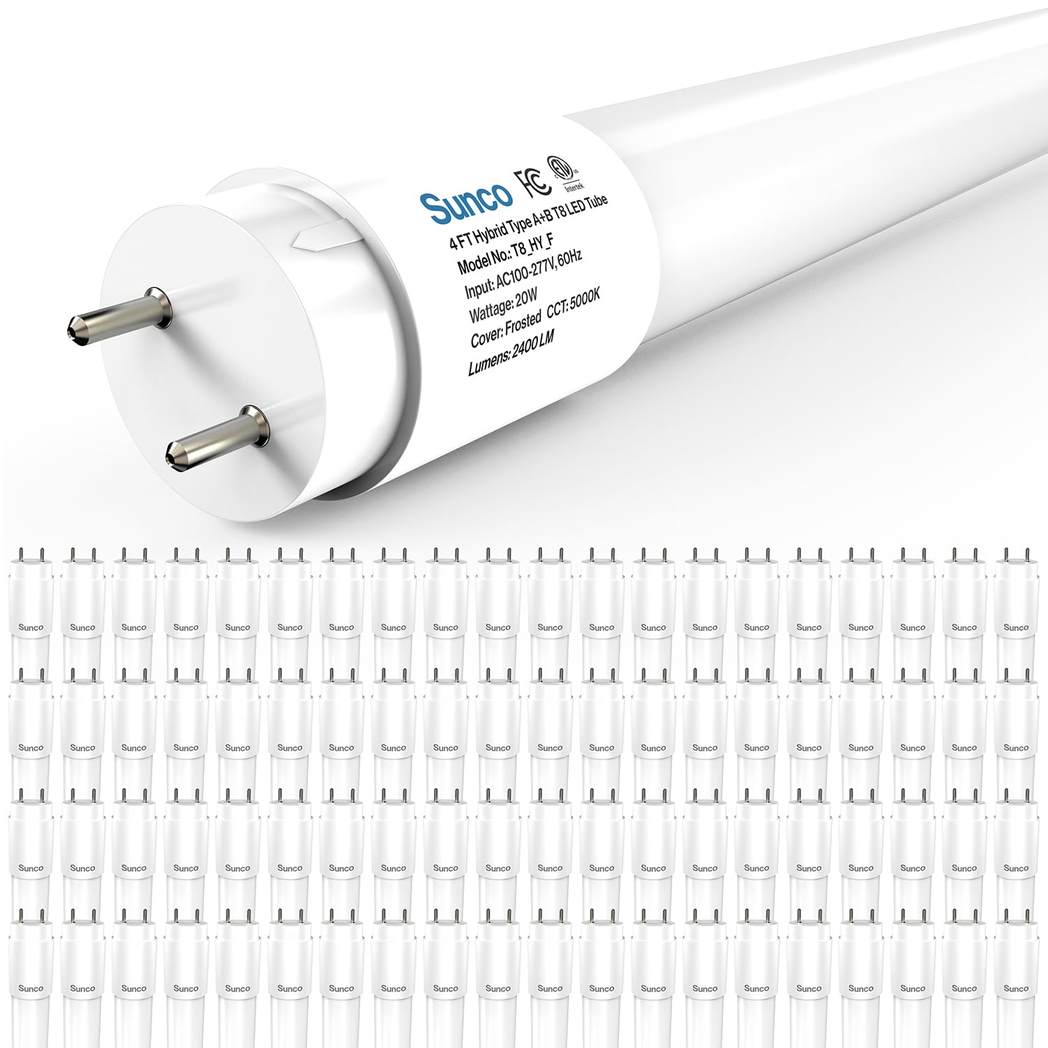 Sunco 80 Pack T8 LED Bulbs 4 Foot, 48 Inch Tube Light Bulbs Fluorescent Replacement, Single or Double Ended Hybrid Type A+B, 240