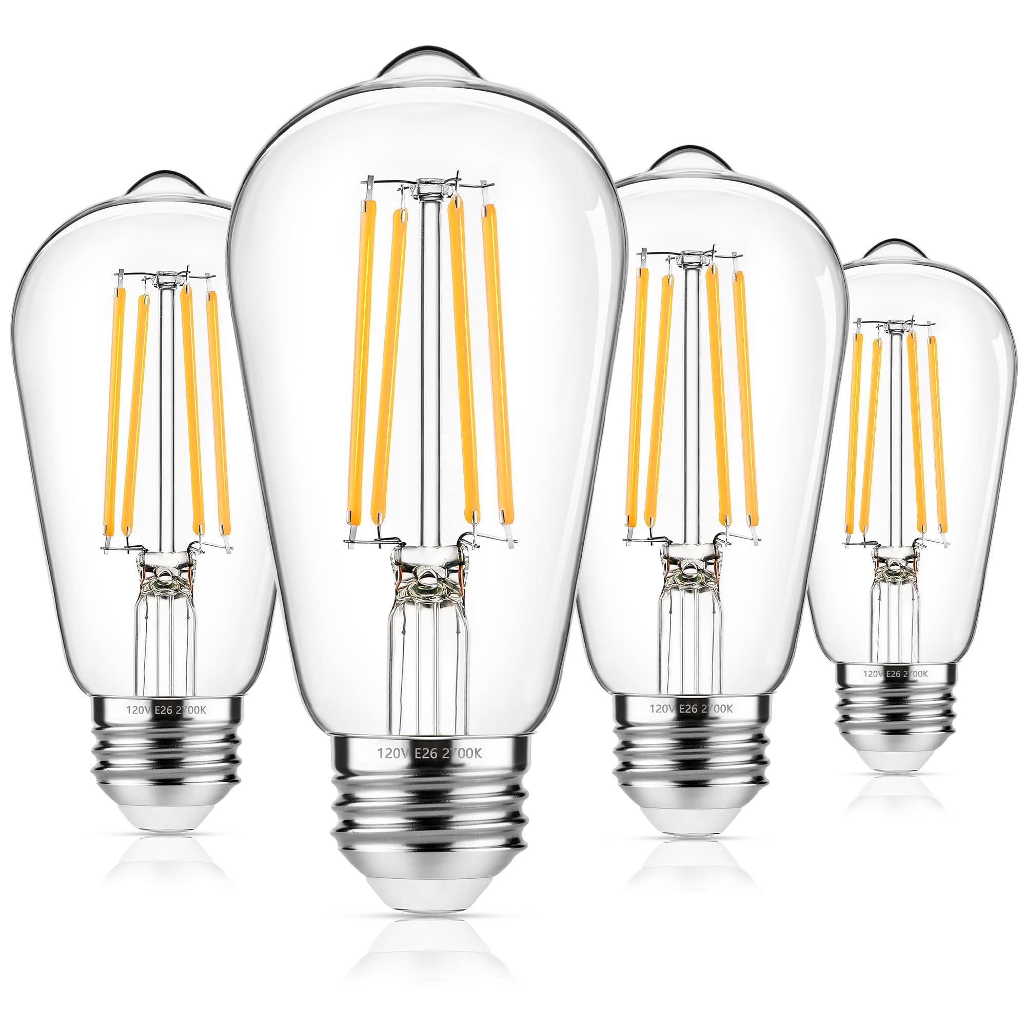 Asomst 4-Pack Vintage Edison Bulbs 60W Equivalent, 850Lm 6W Led Light Bulb Warm White 2700K, St58 Filament Lighting E26 Base, No