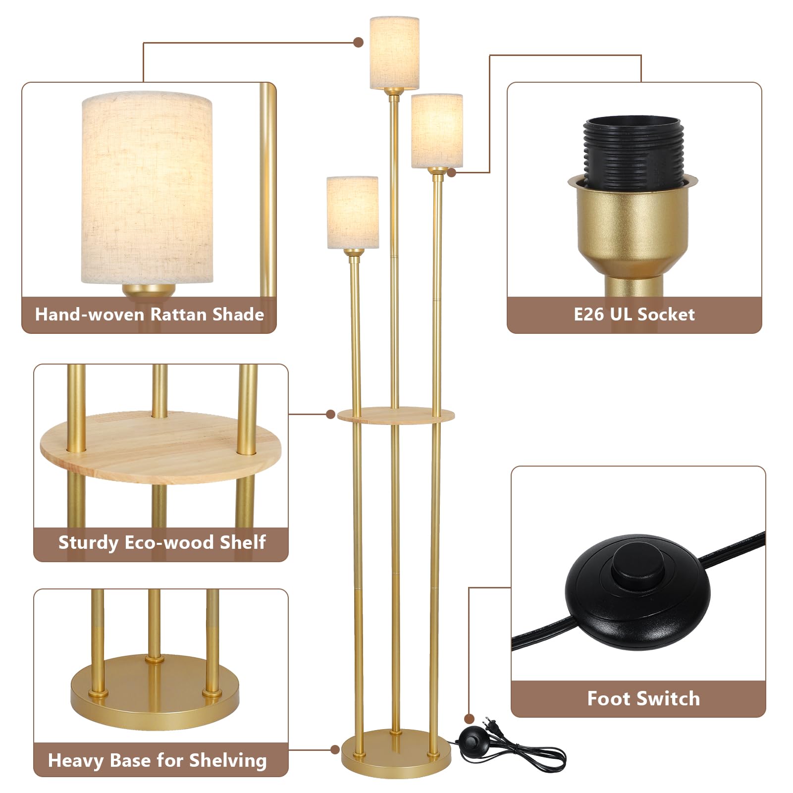 Stepeak Floor Lamps For Living Room, 3-Lights Modern Floor Lamp With Shelves, Gold Standing Lamp With Fabric Shade And Foot Swit