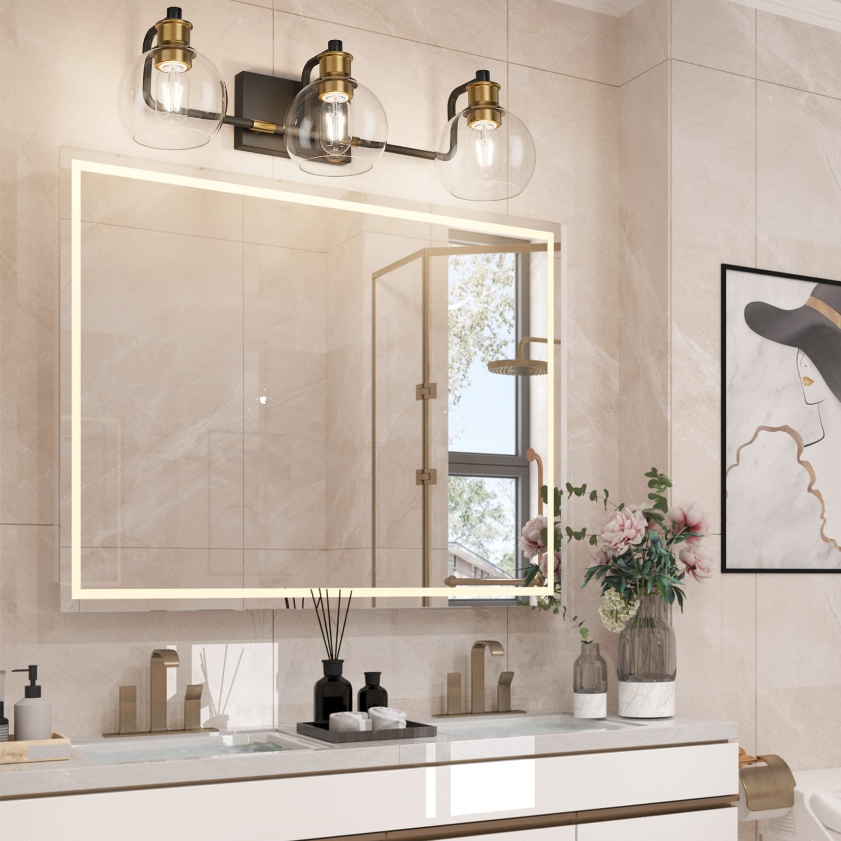 Tipace Black & Gold Vintage 3-Light Bathroom Vanity Light Fixtures - Industrial Glass Globe Design