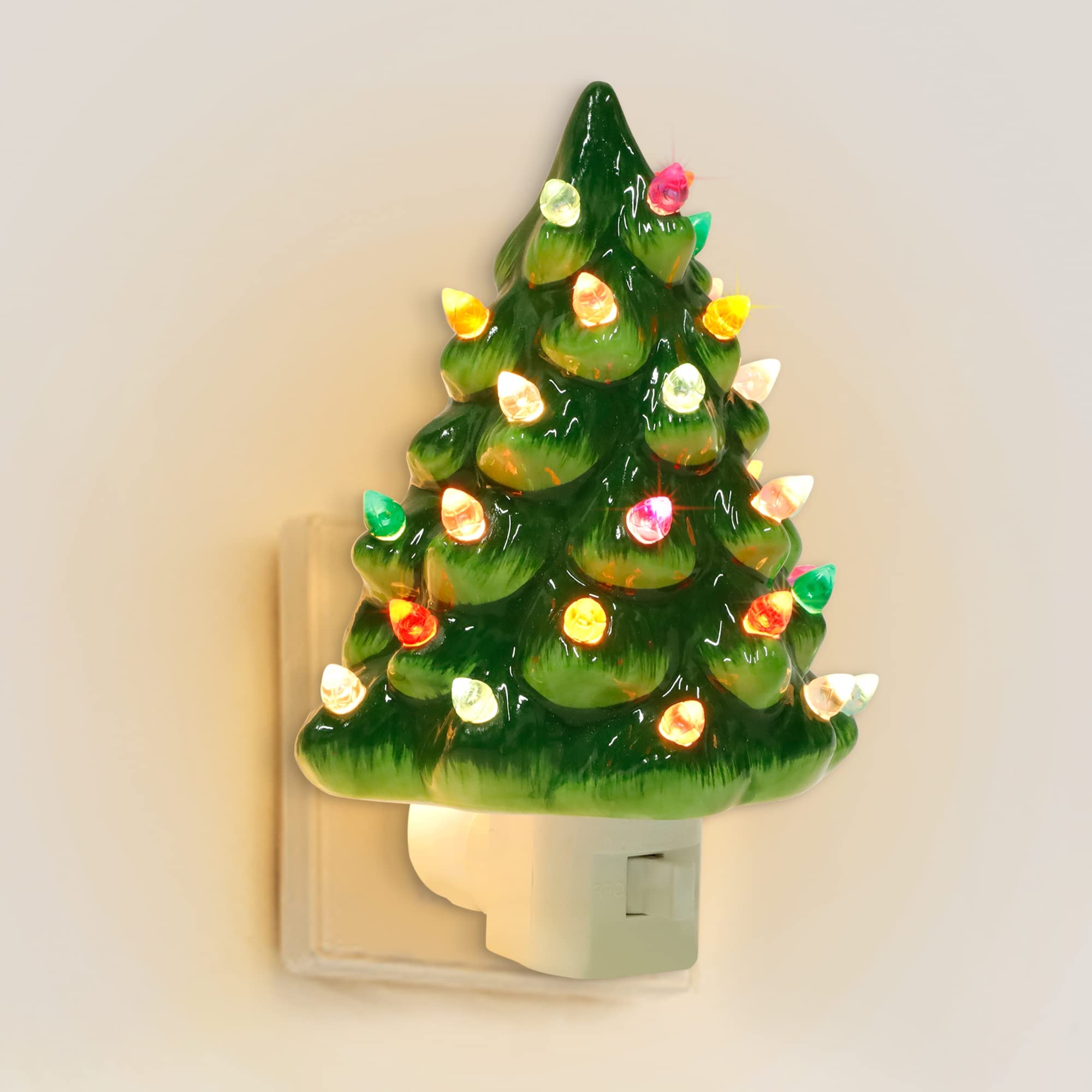 Blissun Ceramic Christmas Tree Night Light 6 with Multicolor Bulbs & Swivel Plug | for Bedroom, Home Holiday Decor