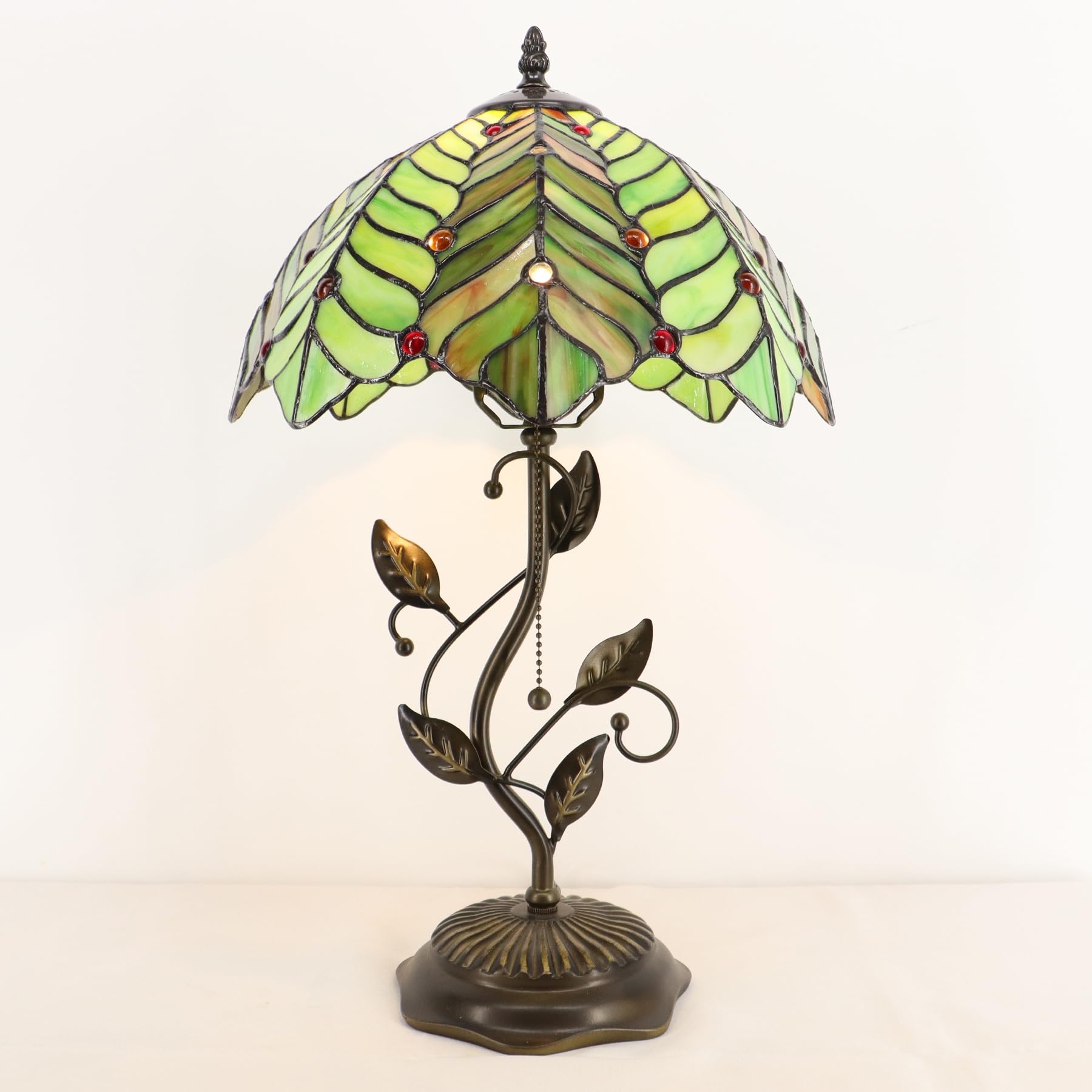 Lxhcyou Tiffany Table Lamp, Stained Glass Desk Light, W12H19 Inch, Metal Leaf Base (Brown Green Leaf)