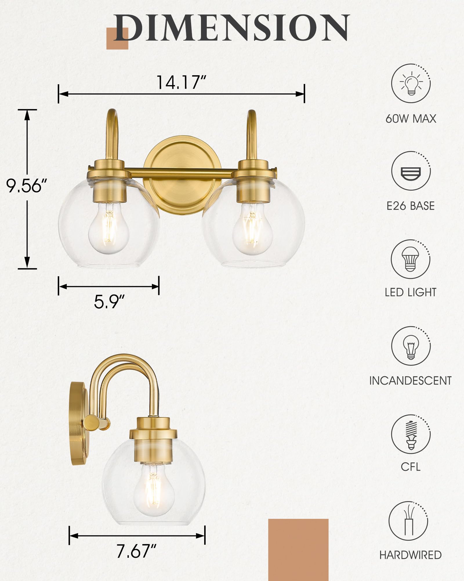Audickic 2-Light Brushed Gold Light Fixture, Champagne Bronze Vanity Light with Clear Glass Shade, Brass Bathroom Light Over Mir