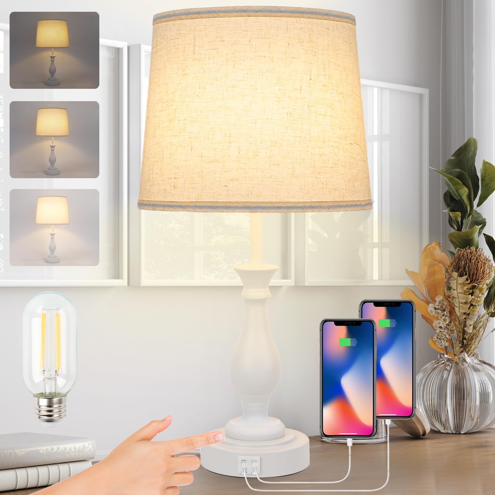 LALISU Farmhouse Table Lamp Touch Control 3-Way Dimmable with USB Ports, Fabric Shade, Off White, Pack 1
