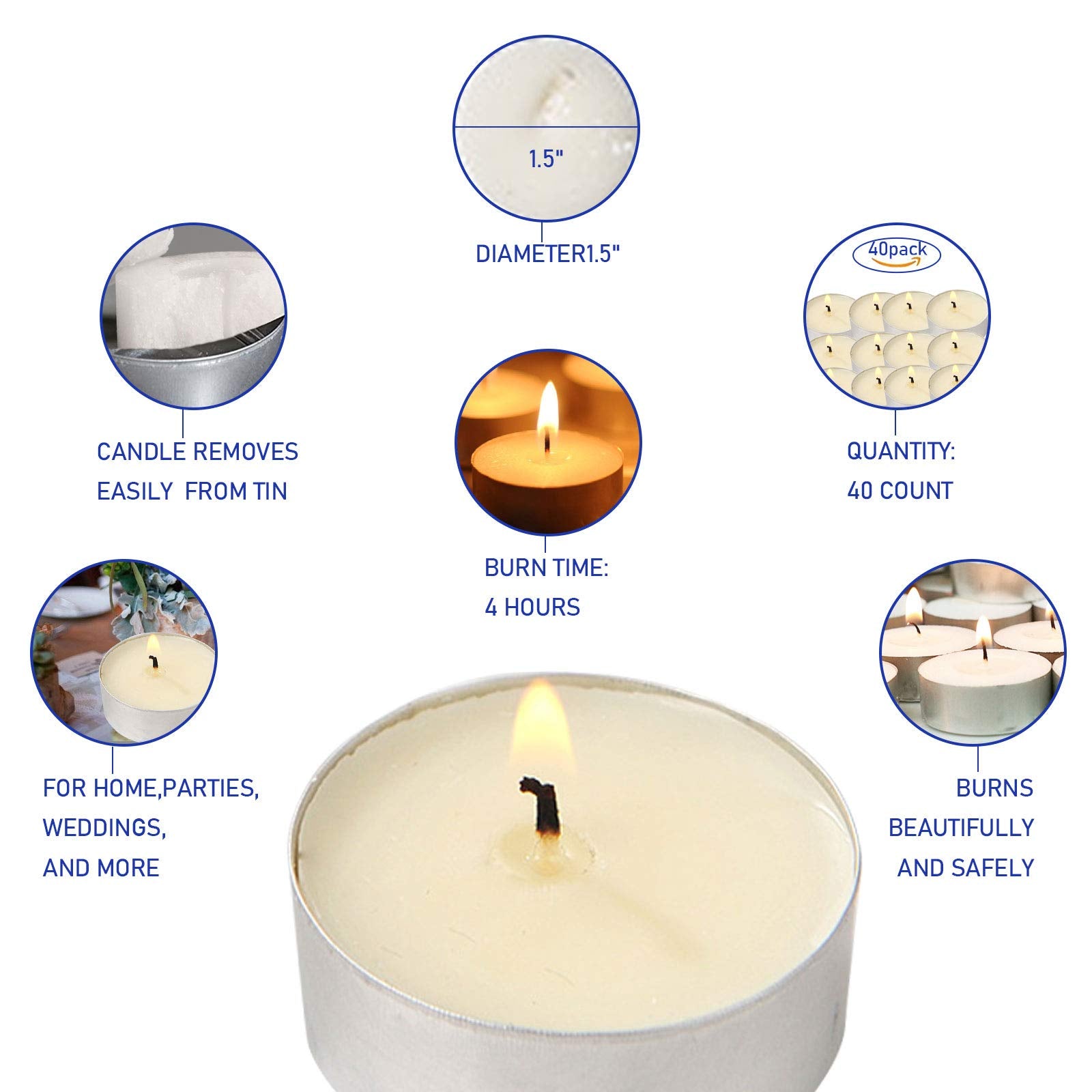 Visen 50-Pack Unscented Tealight Candles, White, Dripless, Smokeless, 6-Hour Burn Time, Paraffin Wax For Home & Events