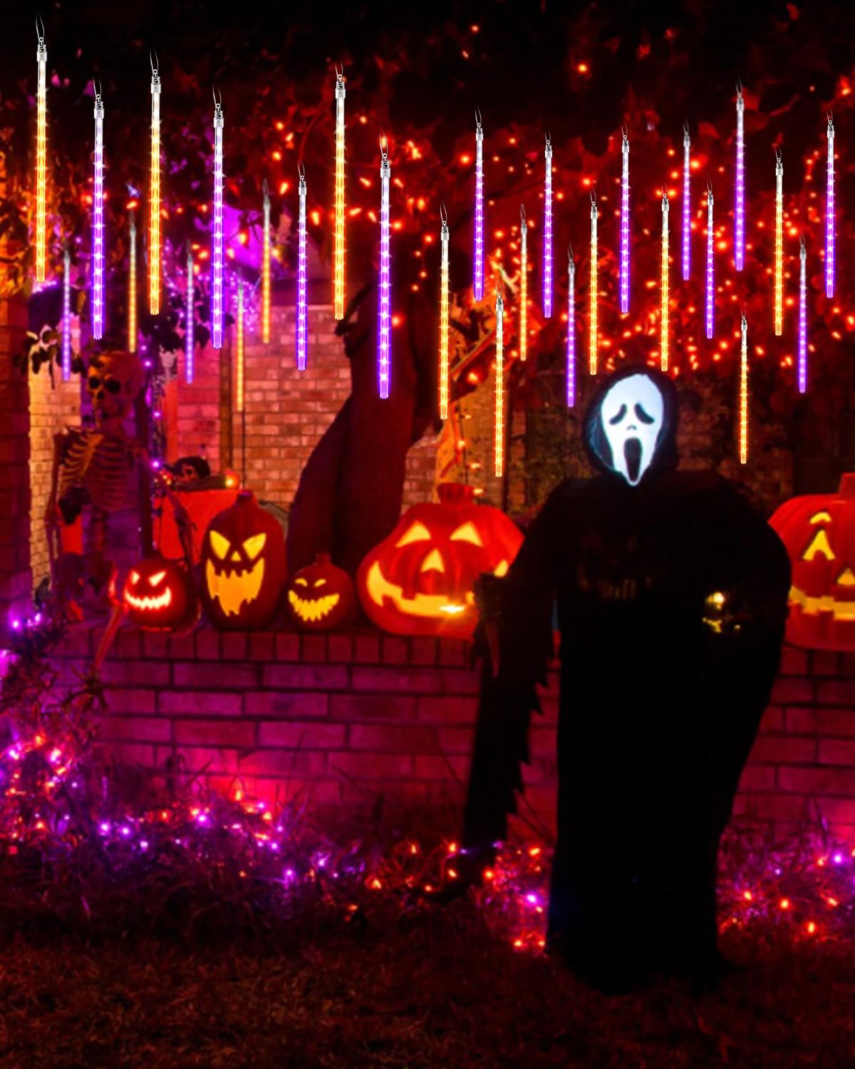 Flacchi Halloween Lights Outdoor 20 Tubes 480 LED Raindrop Lights, Orange and Purple, with Timer Function, Model SSL0480-C-D-7V