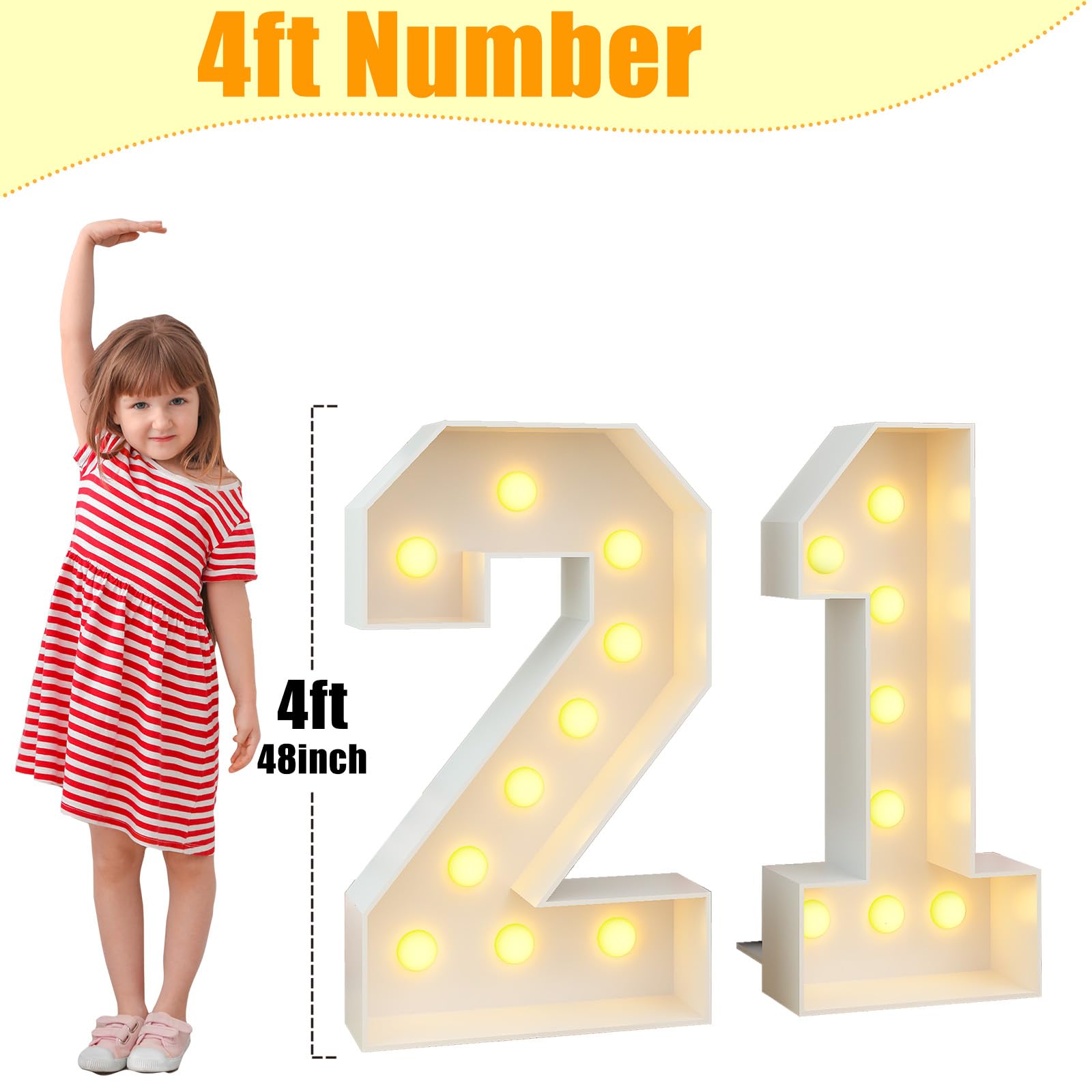 Paeyeq Light Up Numbers 21 Large Marquee Sign, White, Plastic, Model Light-Num21-white, Birthday Party Decor
