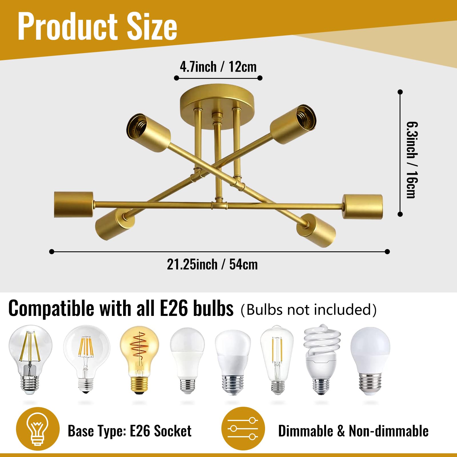 Maichixin 6-Light Ceiling Light Fixture, Modern Gold Sputnik Chandelier, Semi Flush Mount for Living Room