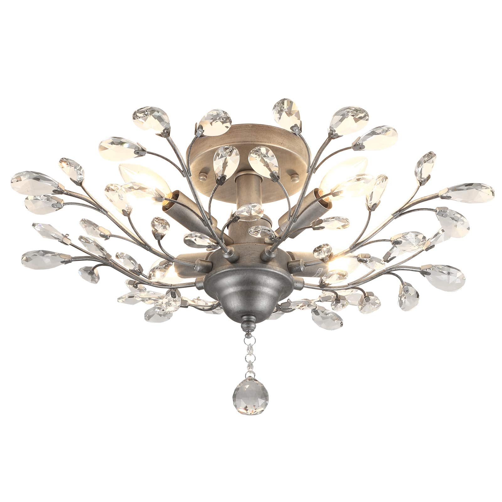 SEOL Flush Mount Ceiling Light, Crystal, 4-Light, 160W, 24.5in Dia, Silver Grey, Small Size, Model SLP1801PAPA
