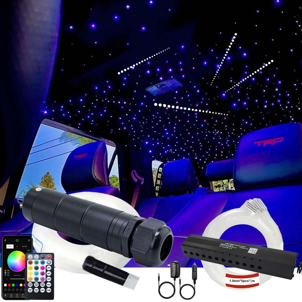 AZIMOM RGBW Fiber Optic Meteor Ceiling Light Kit, 450pcs, 0.03in x 9.8ft, Sound Activated, Bluetooth/APP Remote, Black, Model C