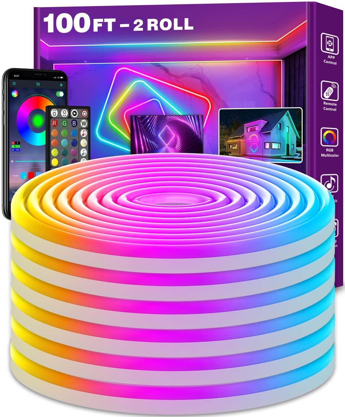 LETIANPAI 100FT Neon Rope Lights, RGB Color, App/Remote Control, IP65 Waterproof, Music Sync, Flexible LED Strip for Bedroom Decor