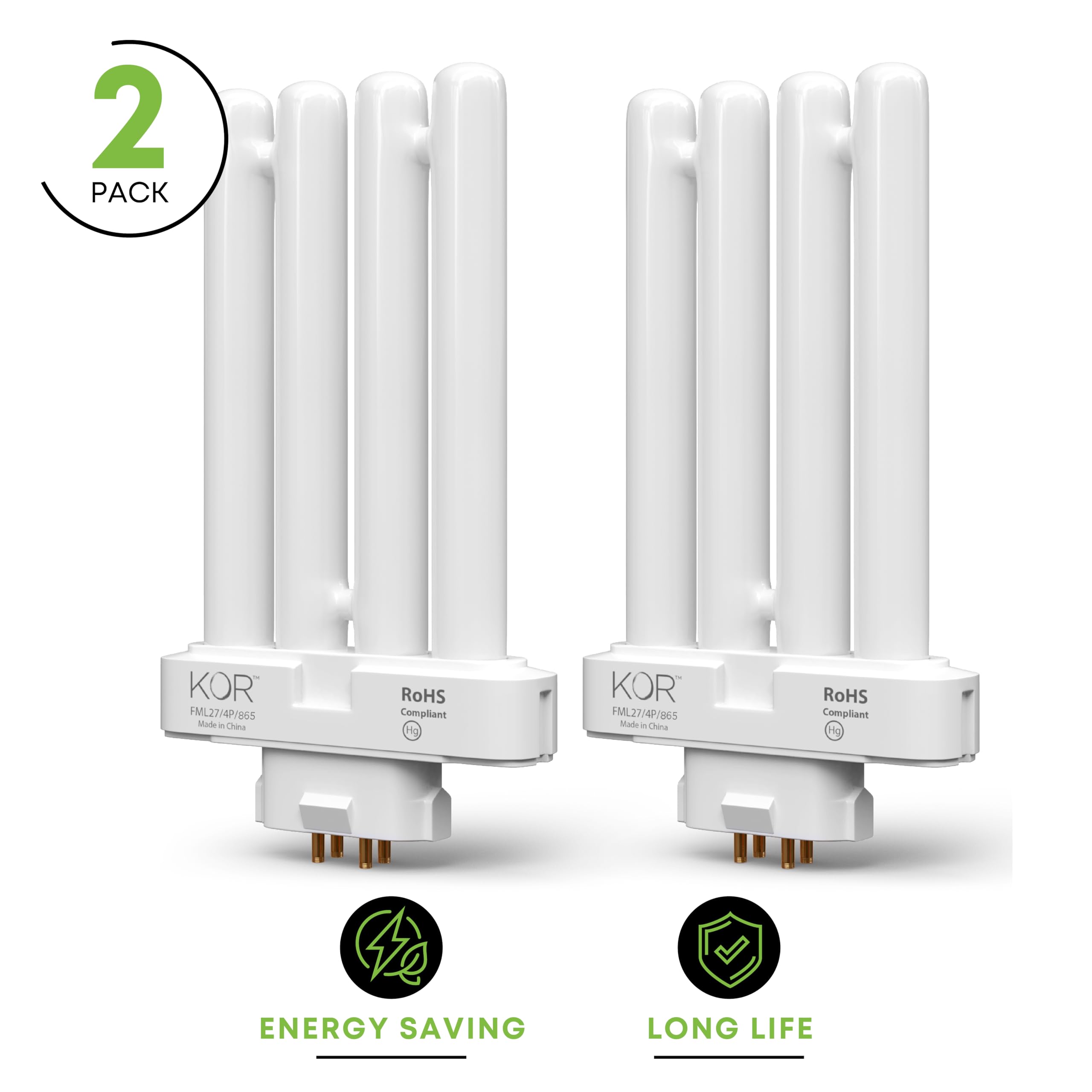 Kor Pack Of 2 - Fml27-65K Light Bulbs 27 Watt 4 Pin Fml Lamp Replacement Bulb 6500K Natural Spectrum Daylight Cfl 27W Plugin Gx1