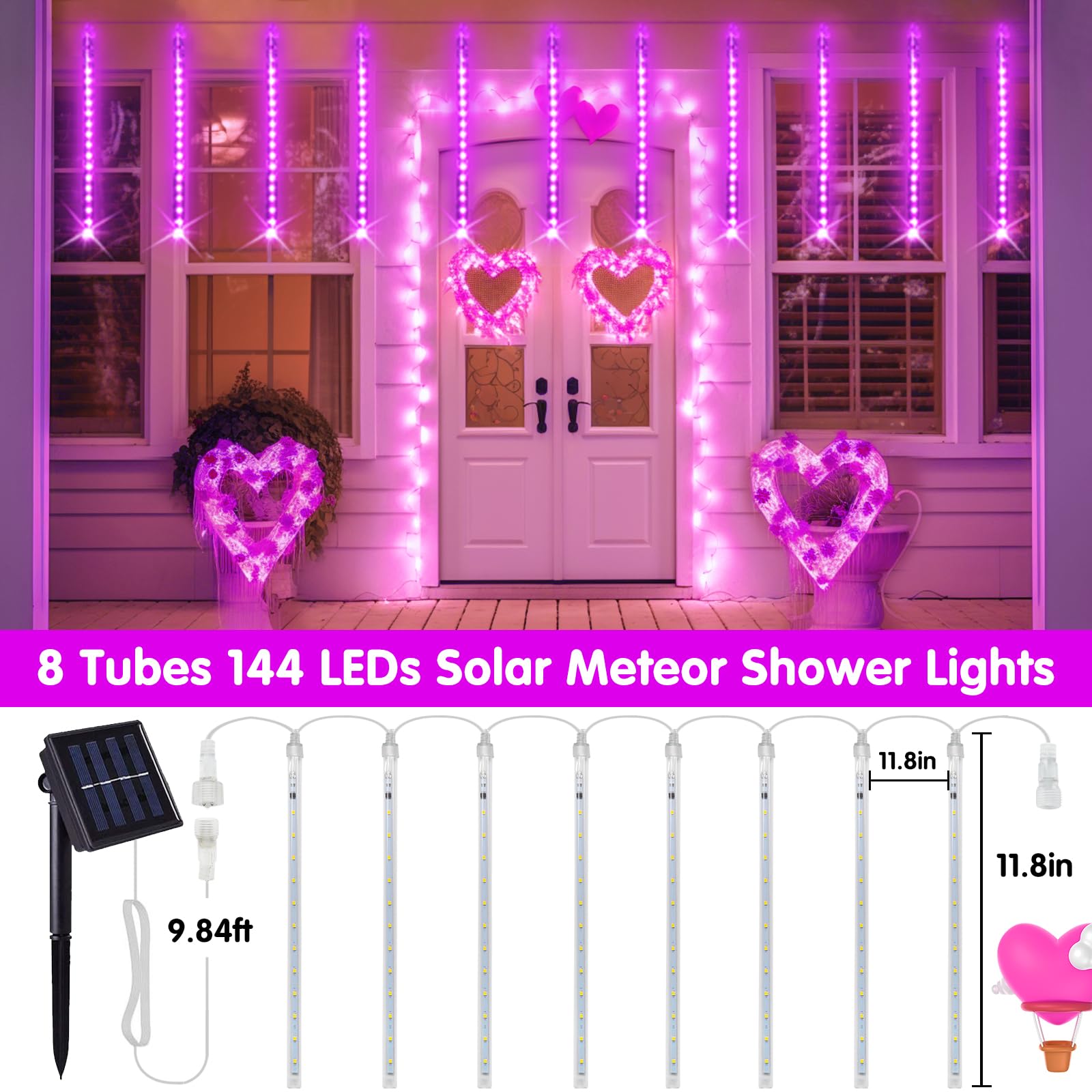 JMEXSUSS Solar Meteor Shower Lights, 144 LEDs, 8 Tubes, Pink, PVC, Outdoor Decorations for Valentines Day, Xmas, Weddings, Parties