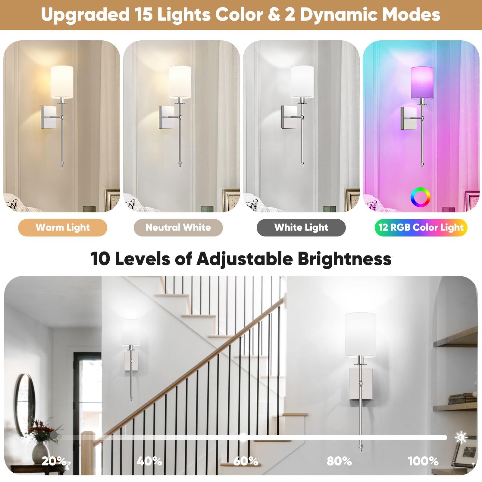 Bosceos Wall Sconces Set of 2, 24.8 Inch Battery Operated, Brushed Nickel, Dimmable Wireless Lights with Remote, Model L2018-1SN